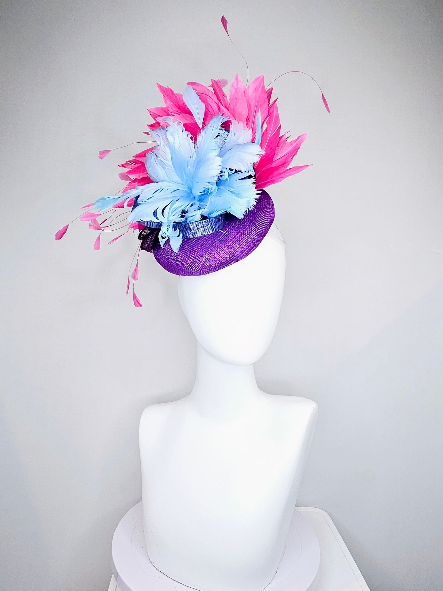 kentucky derby hat fascinator purple sinamay with light blue feather flower with large pink fuchsia feathers