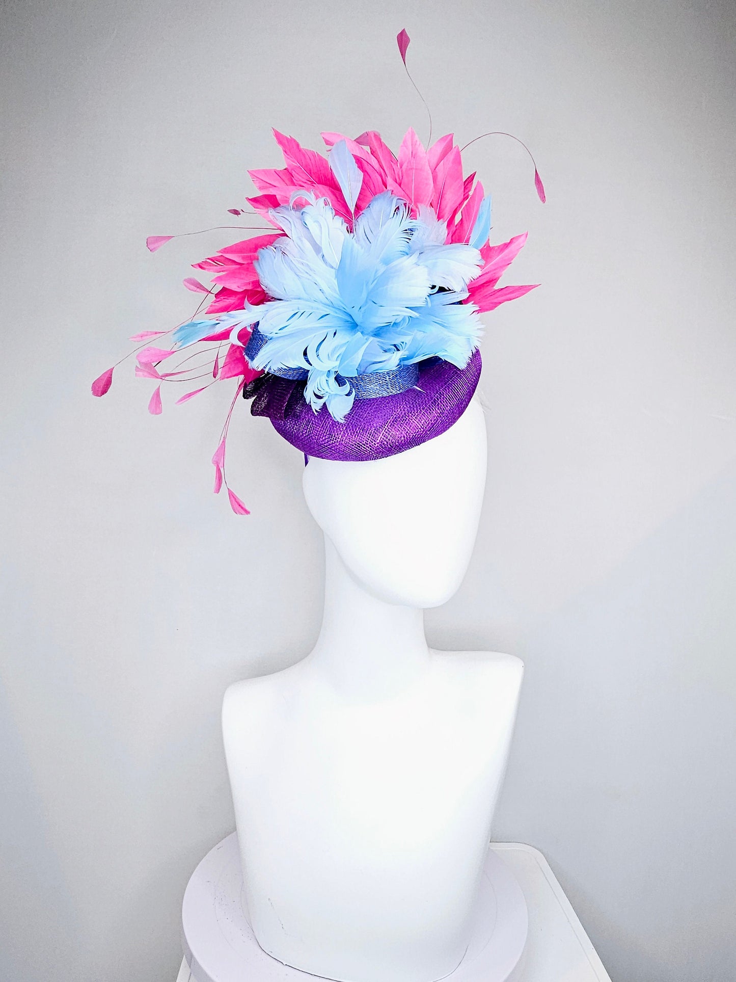 kentucky derby hat fascinator purple sinamay with light blue feather flower with large pink fuchsia feathers