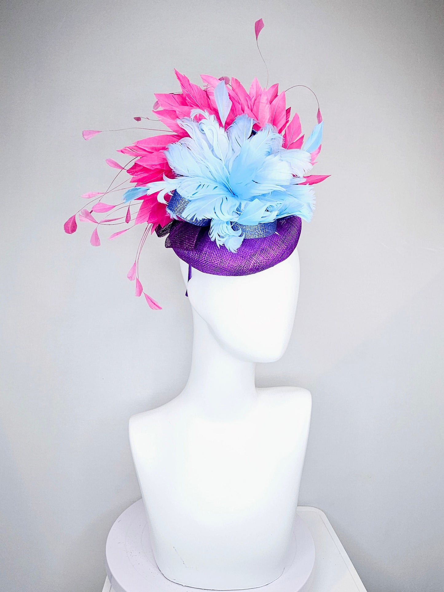 kentucky derby hat fascinator purple sinamay with light blue feather flower with large pink fuchsia feathers