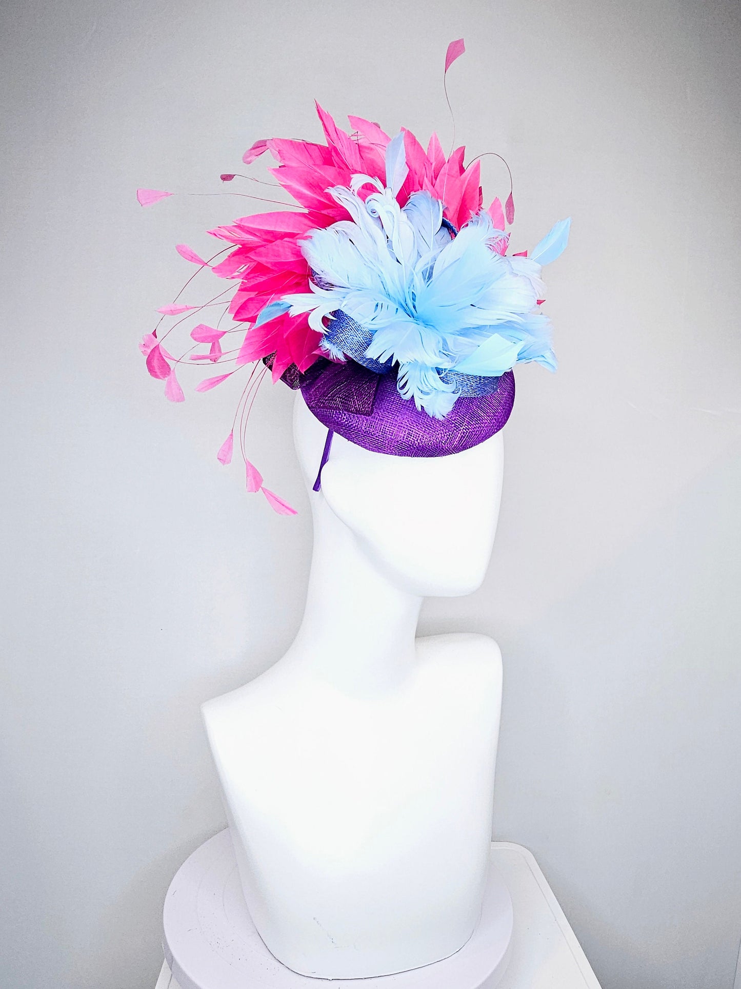 kentucky derby hat fascinator purple sinamay with light blue feather flower with large pink fuchsia feathers