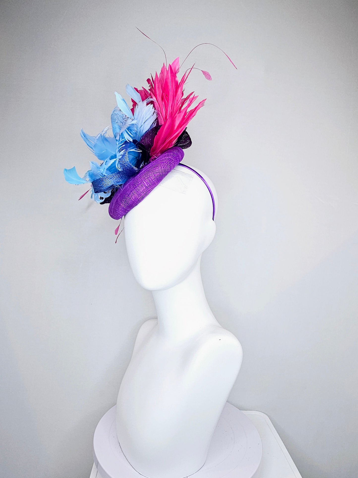 kentucky derby hat fascinator purple sinamay with light blue feather flower with large pink fuchsia feathers