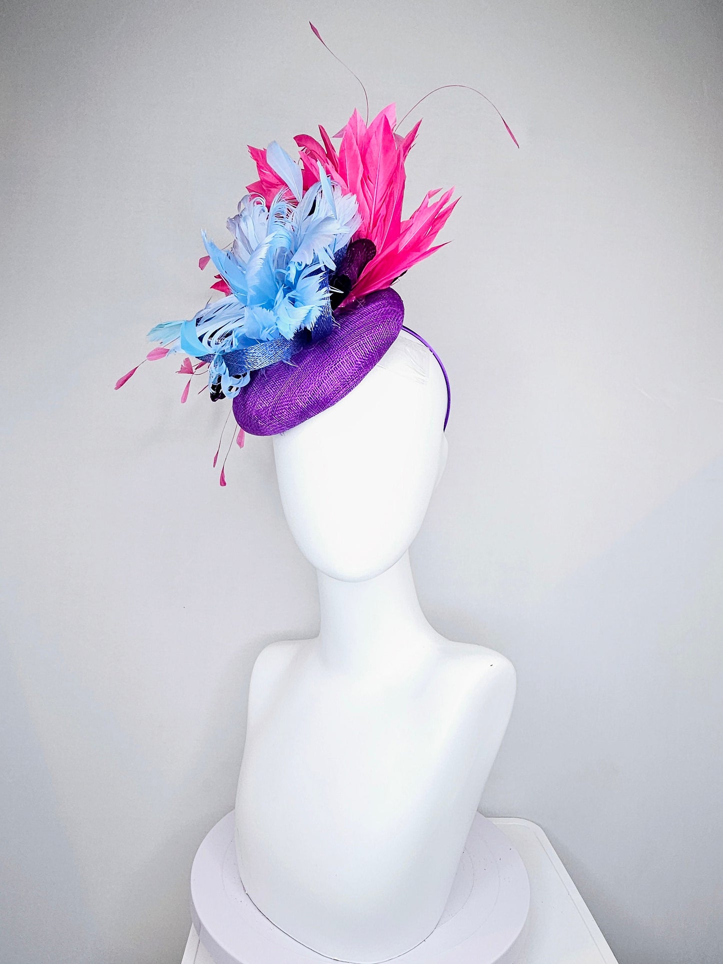 kentucky derby hat fascinator purple sinamay with light blue feather flower with large pink fuchsia feathers