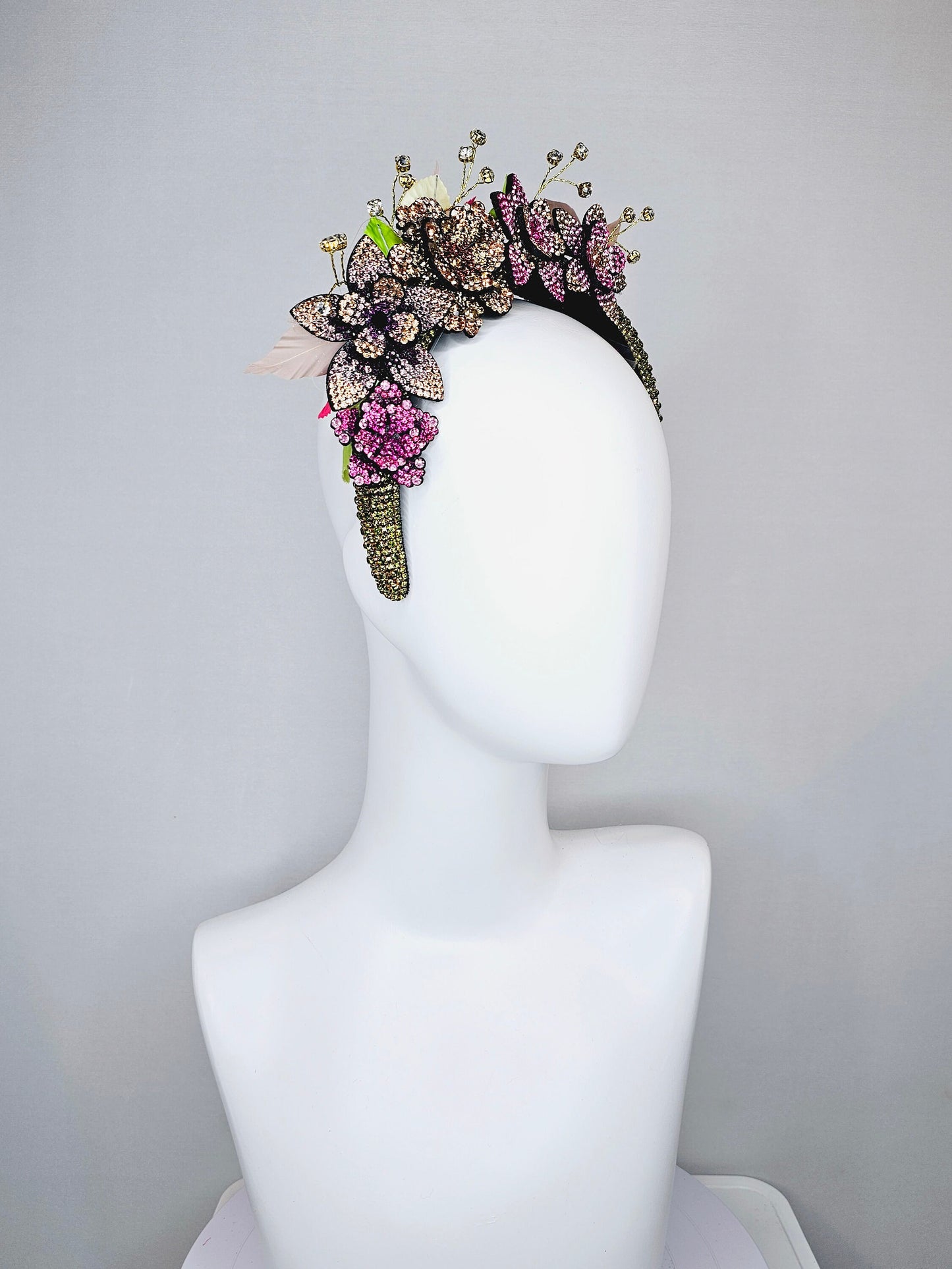 kentucky derby hat fascinator green rhinestone crystal headband with purple pink gold ombre crystal flowers green pink leaves and crystals