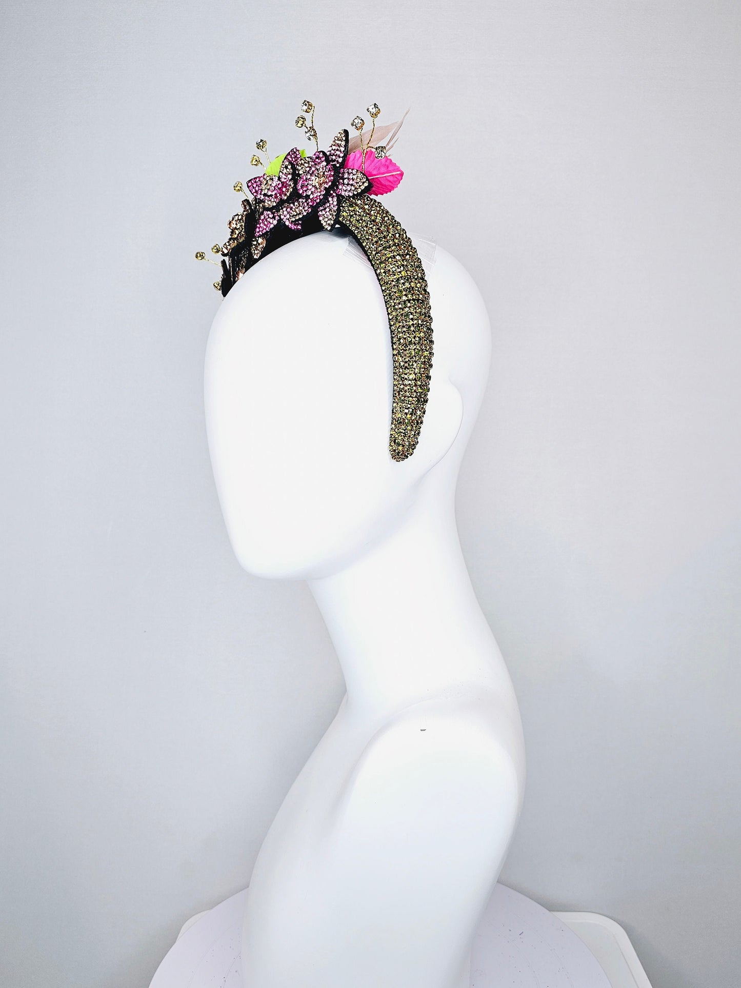 kentucky derby hat fascinator green rhinestone crystal headband with purple pink gold ombre crystal flowers green pink leaves and crystals