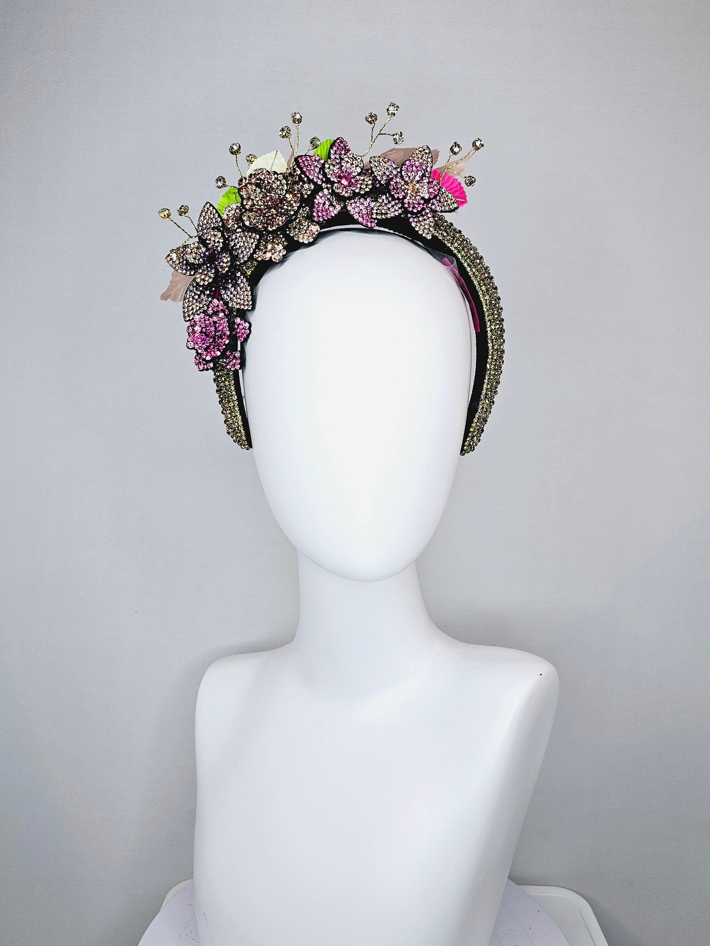 kentucky derby hat fascinator green rhinestone crystal headband with purple pink gold ombre crystal flowers green pink leaves and crystals