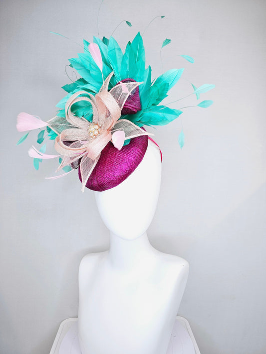 kentucky derby hat fascinator purple magenta sinmaay blush pink sinamay flower with pearls and bright green feathers