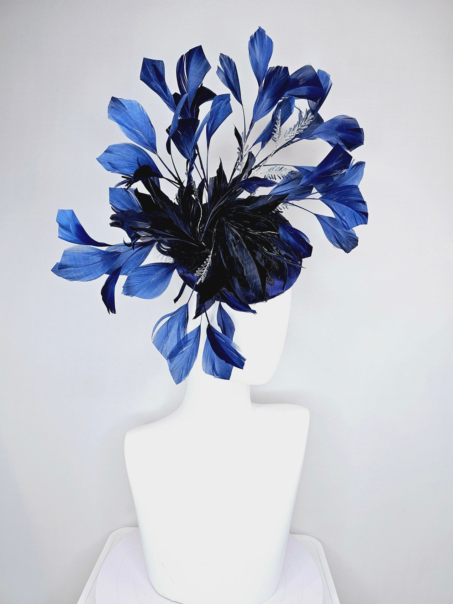 kentucky derby hat fascinator navy blue satin with embroidery with navy blue feathers and feather flower with branching silver beaded decor