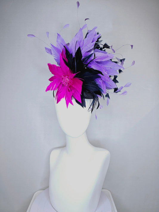 kentucky derby hat fascinator  navy sinamay with matchng navy feather flower and navy blue purple feathers hot pink fuchsia feather flower