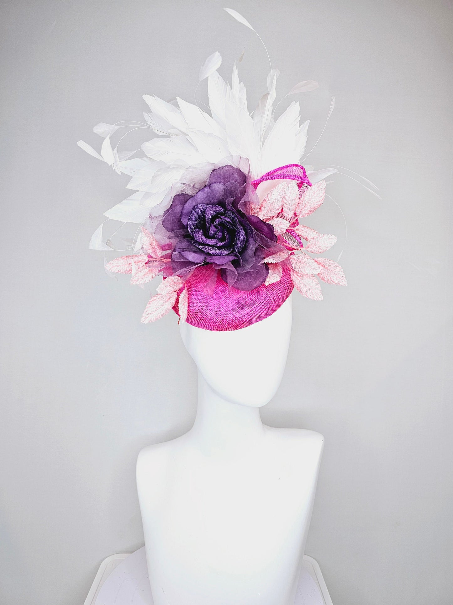 kentucky derby hat fascinator hot pink sinamay with purple organza rose flower blush pink leaves and white feathers