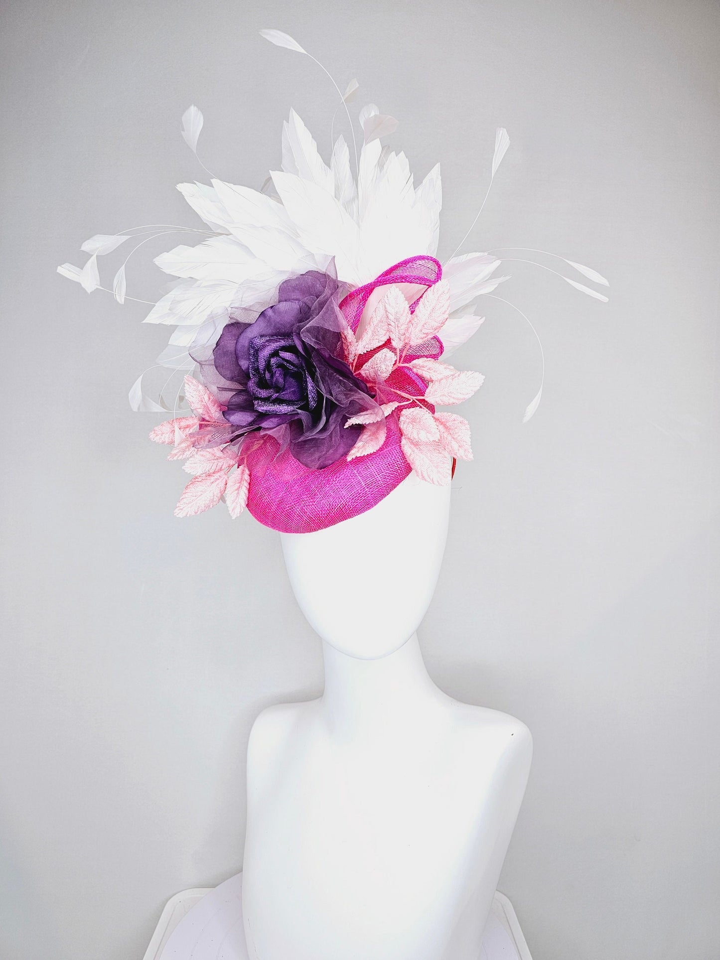 kentucky derby hat fascinator hot pink sinamay with purple organza rose flower blush pink leaves and white feathers