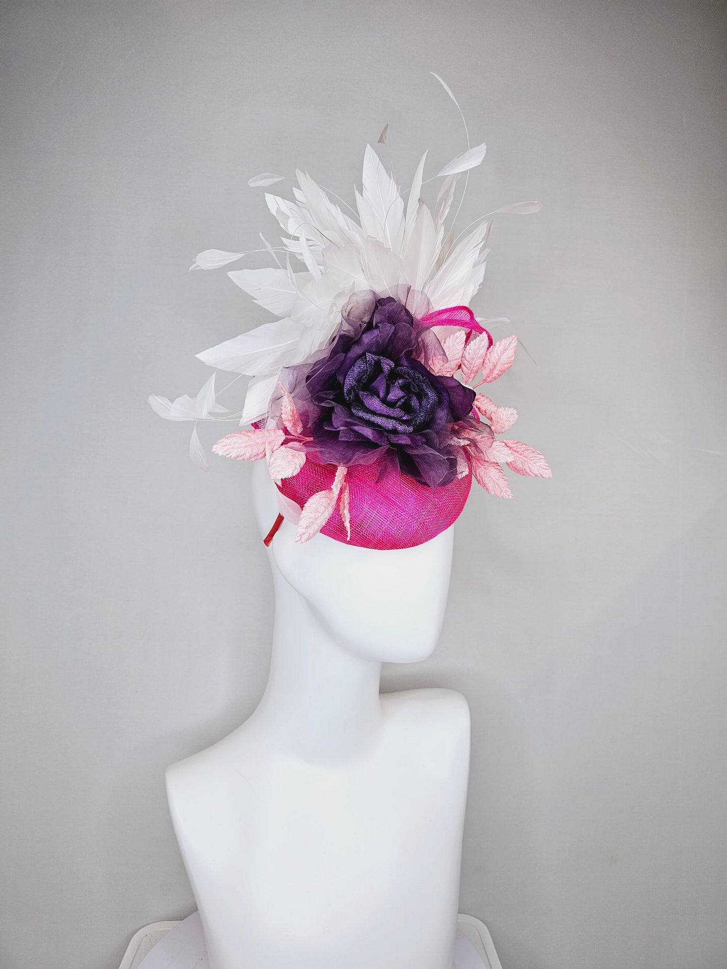 kentucky derby hat fascinator hot pink sinamay with purple organza rose flower blush pink leaves and white feathers