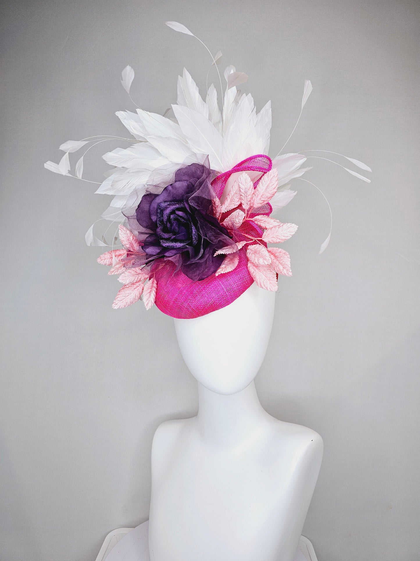 kentucky derby hat fascinator hot pink sinamay with purple organza rose flower blush pink leaves and white feathers