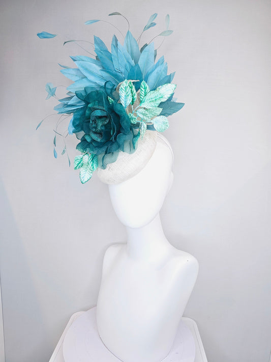 kentucky derby hat fascinator dark hunter green teal organza rose with teal green  blue feathers and bright teal green blue  velvet leaves