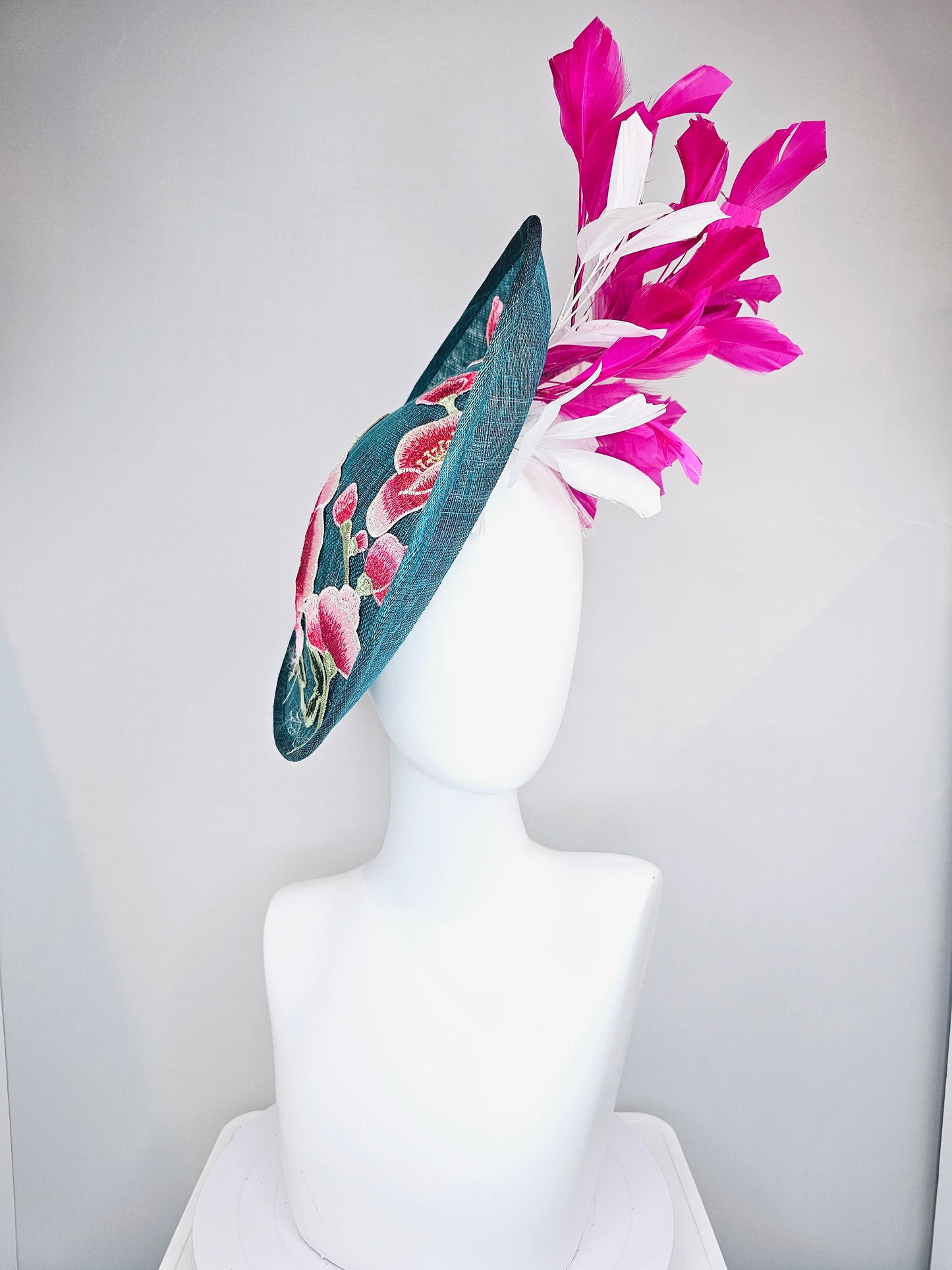 kentucky derby hat fascinator teal blue sinamay saucer with fuchsia pink and white feathers and pink white gold embroidered flowers