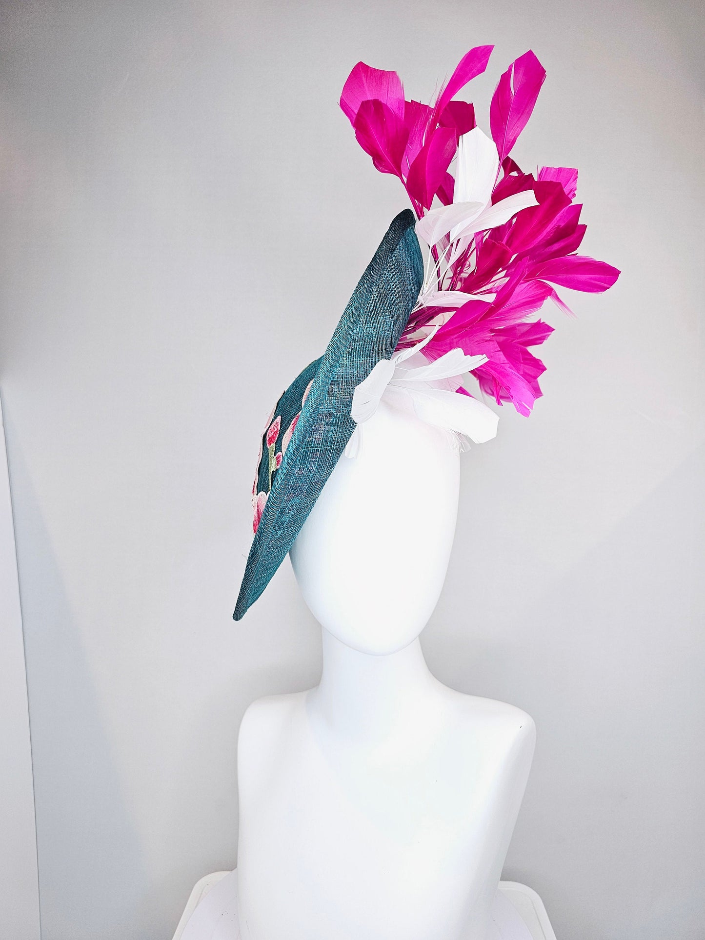 kentucky derby hat fascinator teal blue sinamay saucer with fuchsia pink and white feathers and pink white gold embroidered flowers