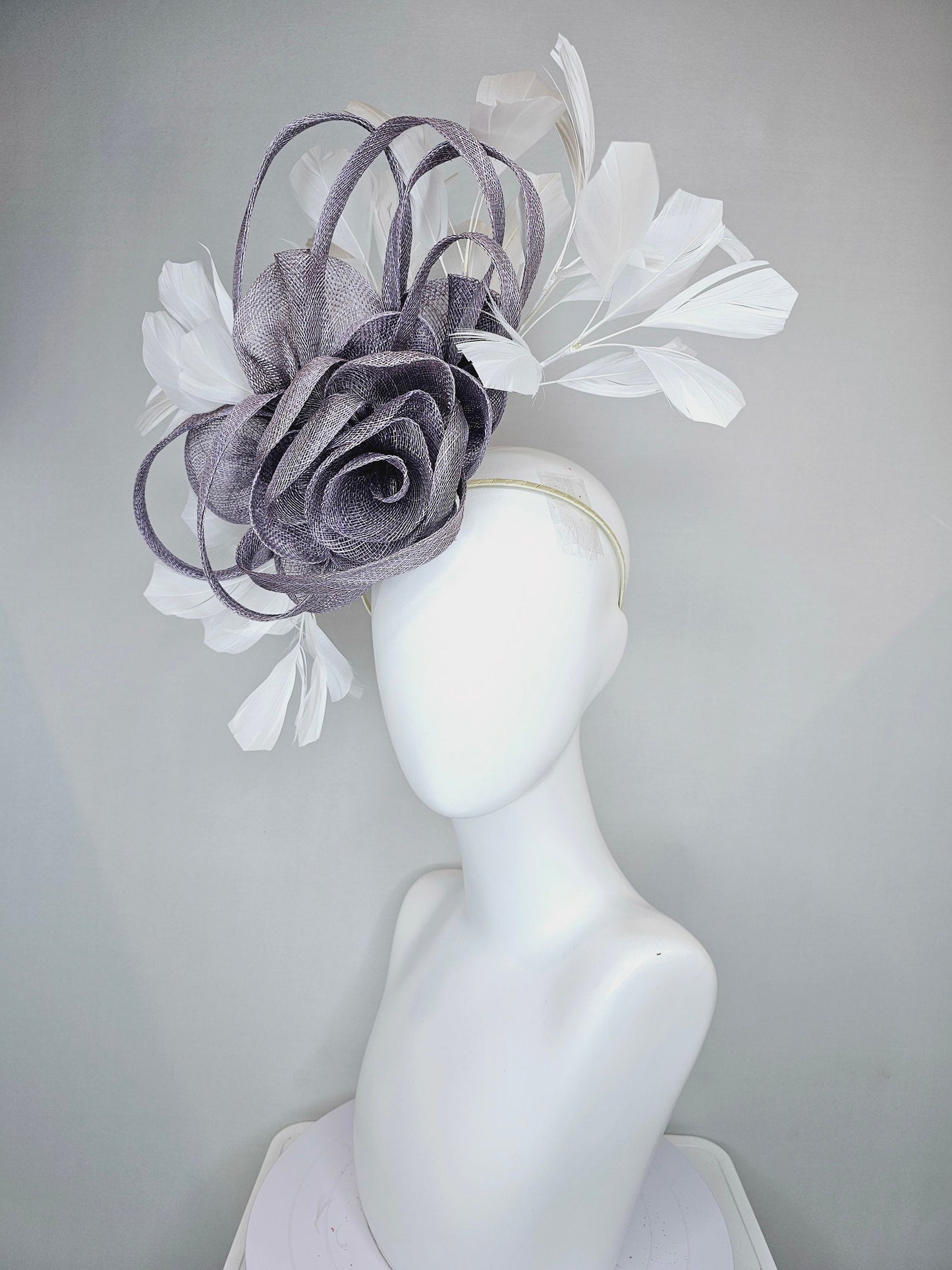 kentucky derby hat fascinator lavender gray silver  sinamay flower and loops with white feathers