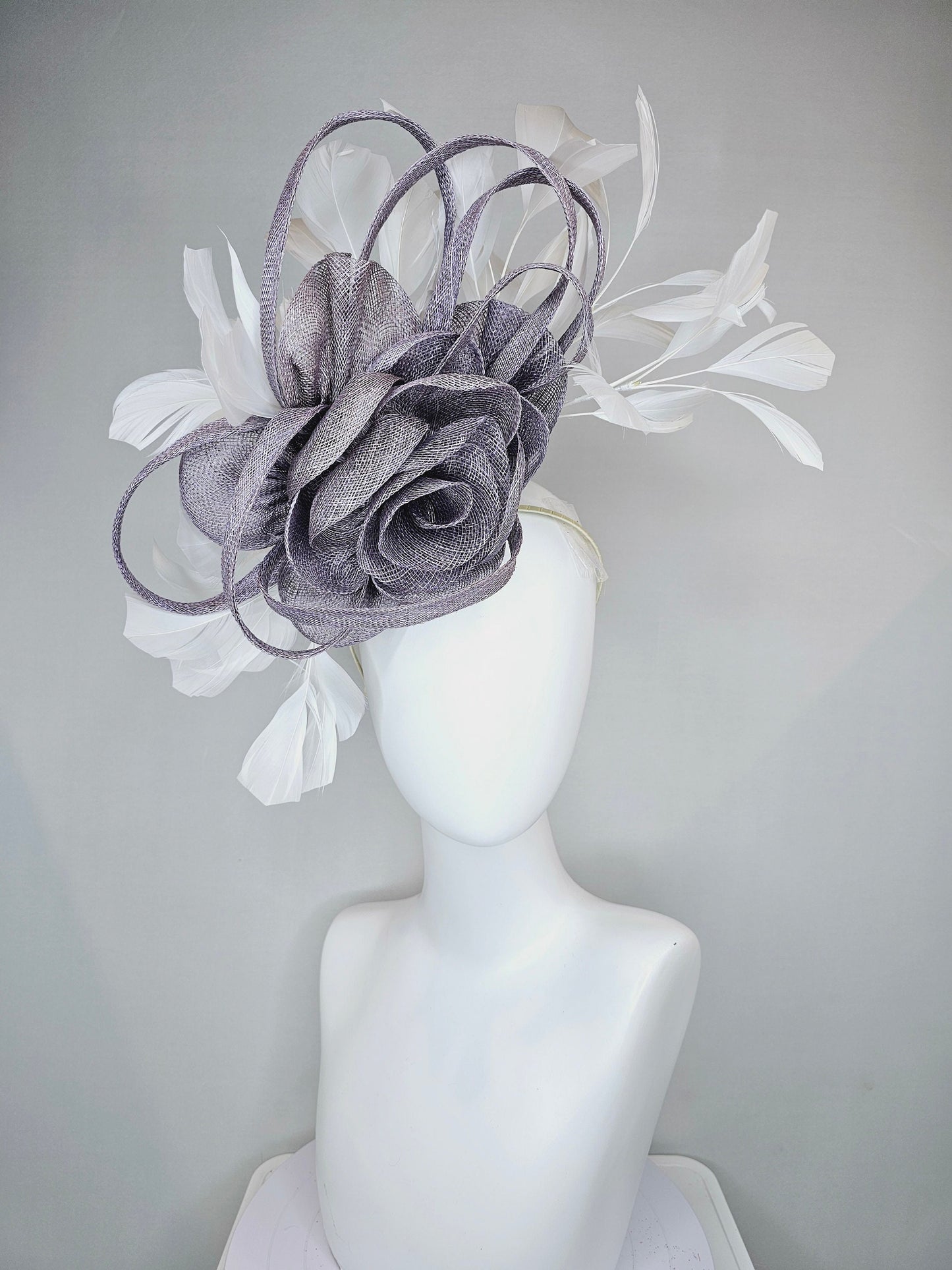 kentucky derby hat fascinator lavender gray silver  sinamay flower and loops with white feathers