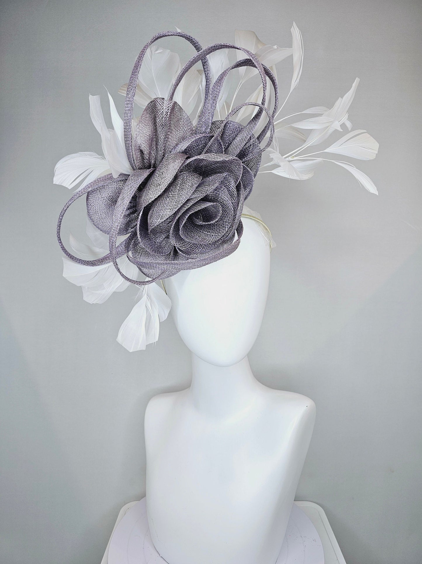 kentucky derby hat fascinator lavender gray silver  sinamay flower and loops with white feathers