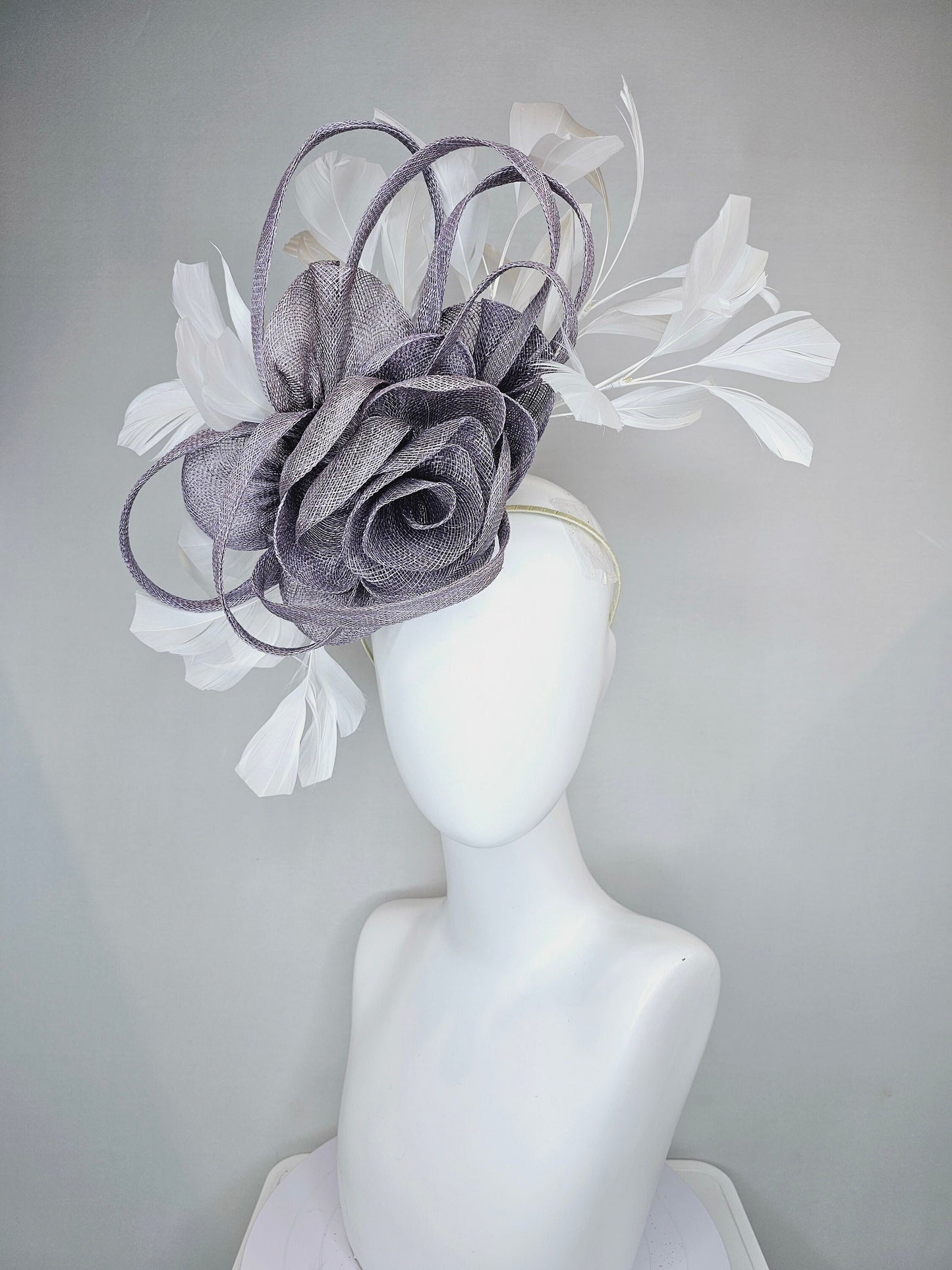 kentucky derby hat fascinator lavender gray silver  sinamay flower and loops with white feathers