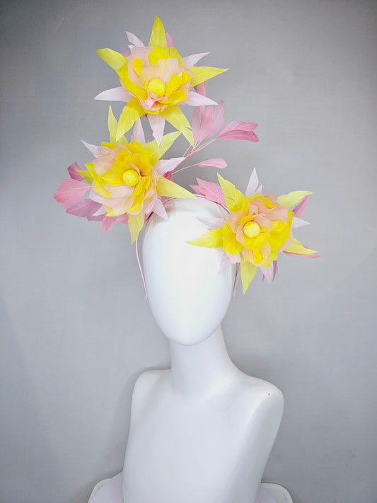 kentucky derby hat fascinator thin headband with yellow and pink feather flowers and pink  feather branches