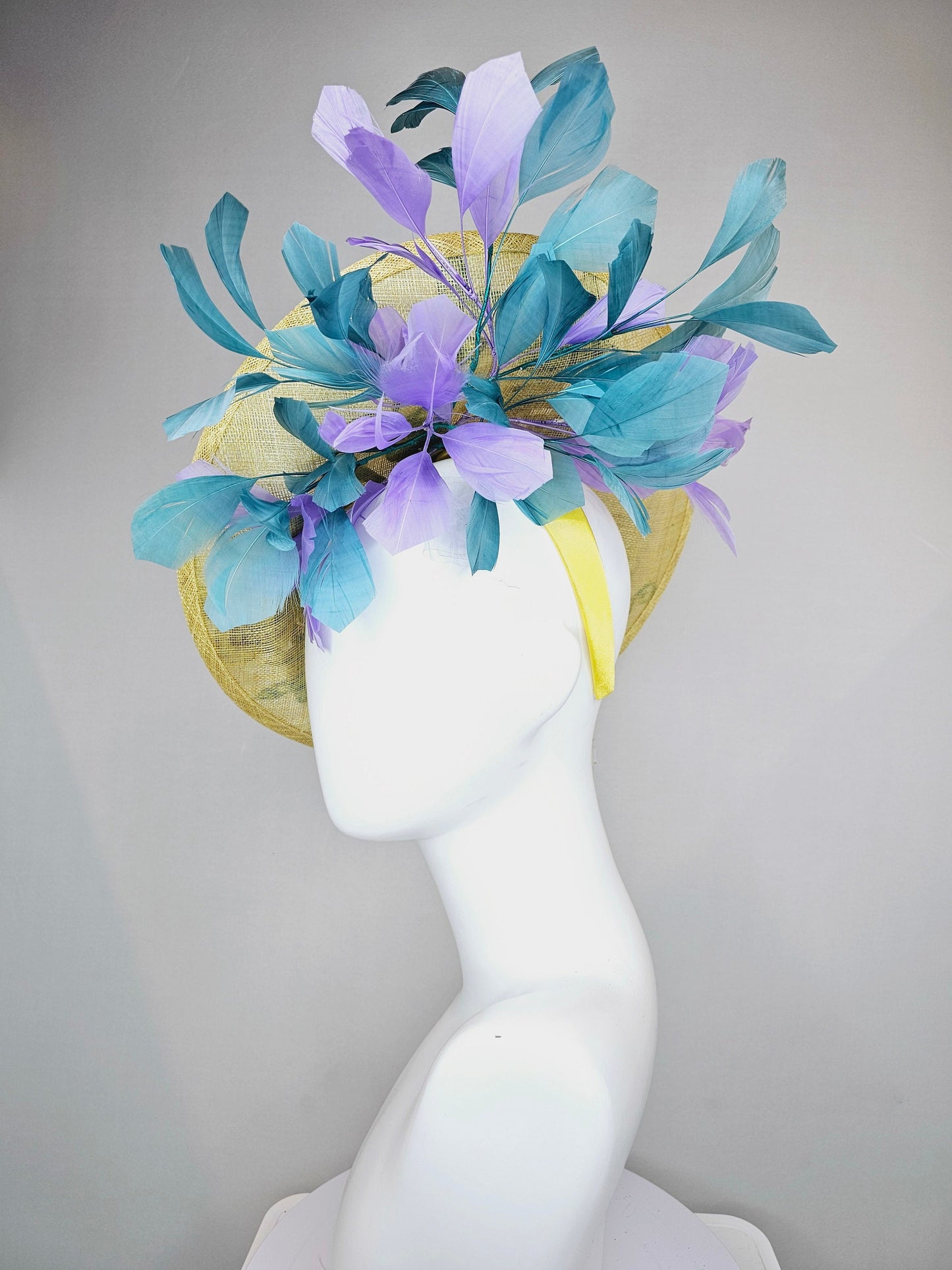 kentucky derby hat fascinator yellow sinamay saucer with blue violet purple feathers and blue lavender purple  gold embroidered flowers