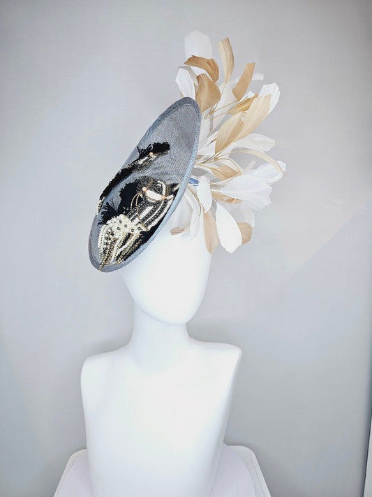 kentucky derby hat fascinator light blue sinamay saucer white gold feathers embroidered black white gold beaded fringe horse decor