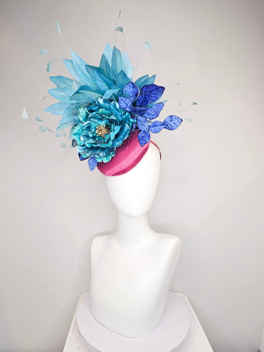 kentucky derby hat fascinator fuchsia magenta satin teal metallic blue green flower royal blue leaves peacock teal blue green feathers