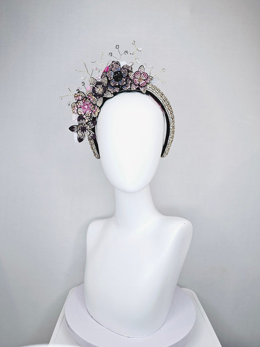 kentucky derby hat fascinator rhinestone crystal headband with pink gold purple clear ombre crystal flowers leaves and crystals