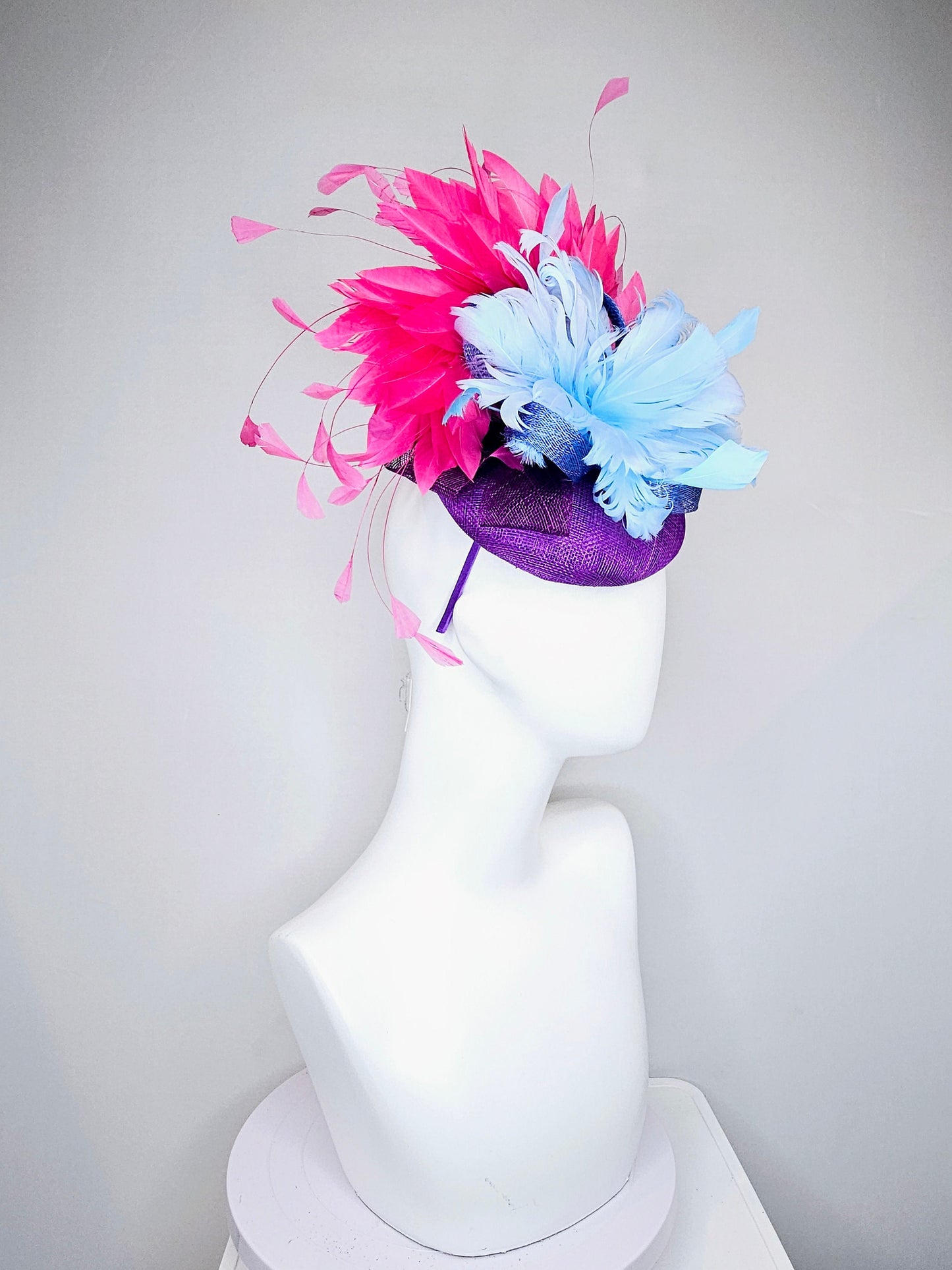 kentucky derby hat fascinator purple sinamay with light blue feather flower with large pink fuchsia feathers