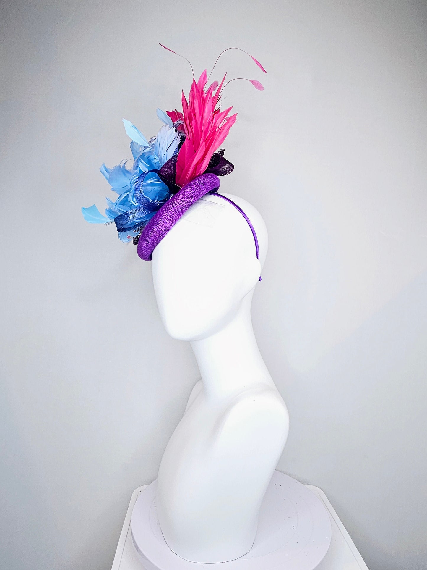 kentucky derby hat fascinator purple sinamay with light blue feather flower with large pink fuchsia feathers