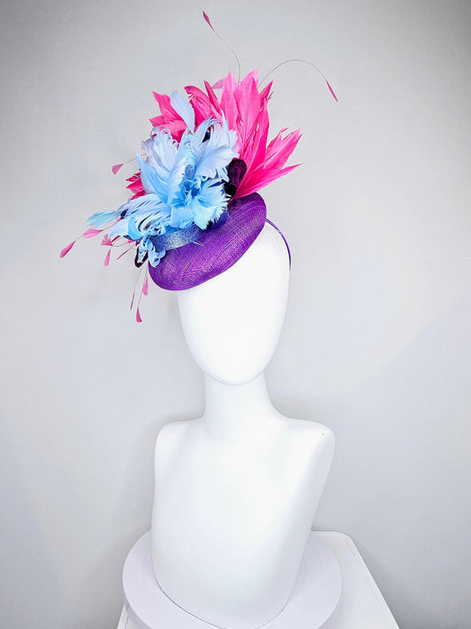 kentucky derby hat fascinator purple sinamay with light blue feather flower with large pink fuchsia feathers