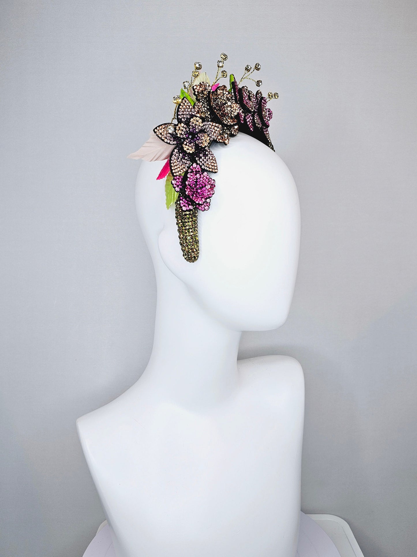 kentucky derby hat fascinator green rhinestone crystal headband with purple pink gold ombre crystal flowers green pink leaves and crystals