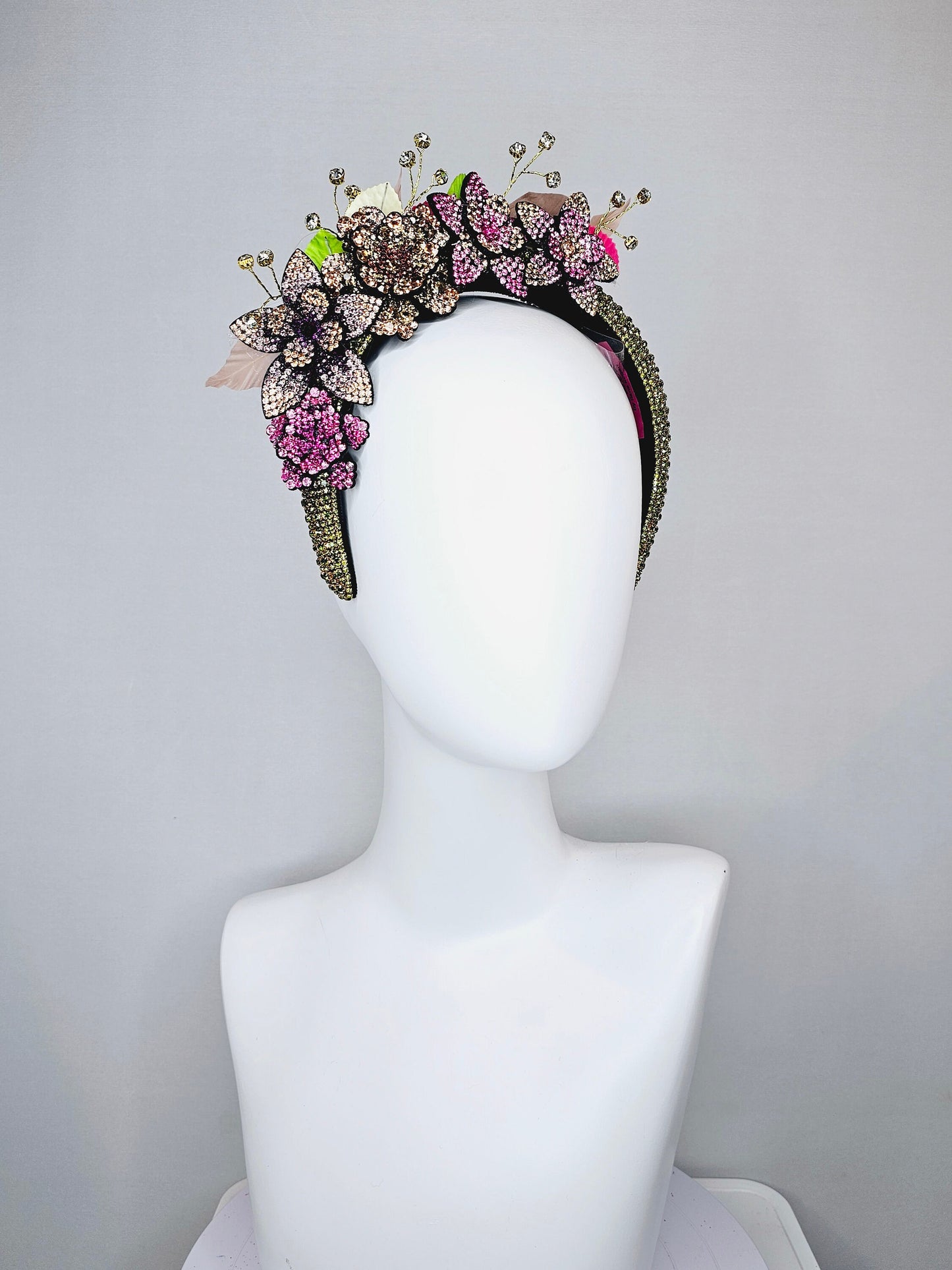 kentucky derby hat fascinator green rhinestone crystal headband with purple pink gold ombre crystal flowers green pink leaves and crystals