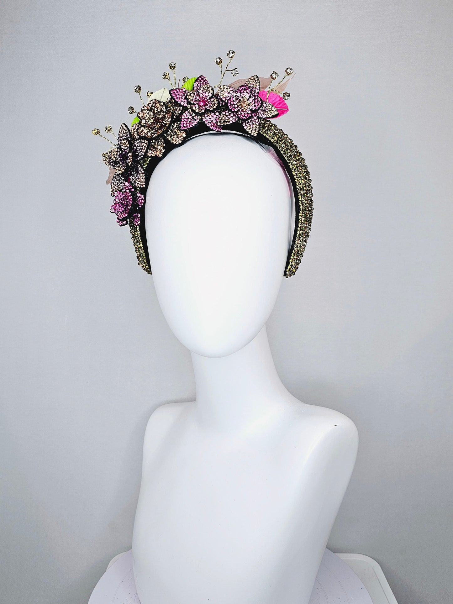 kentucky derby hat fascinator green rhinestone crystal headband with purple pink gold ombre crystal flowers green pink leaves and crystals