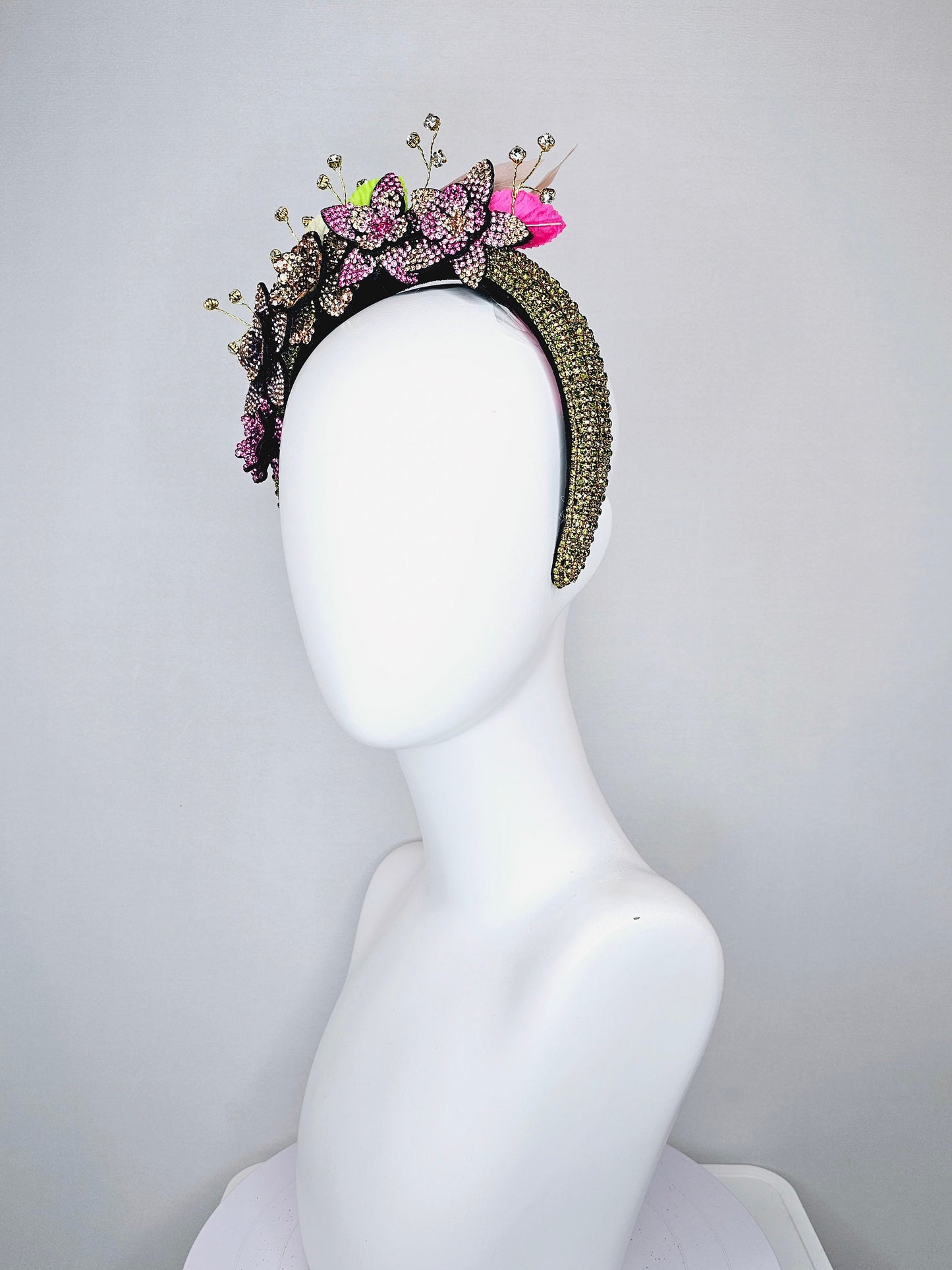 kentucky derby hat fascinator green rhinestone crystal headband with purple pink gold ombre crystal flowers green pink leaves and crystals