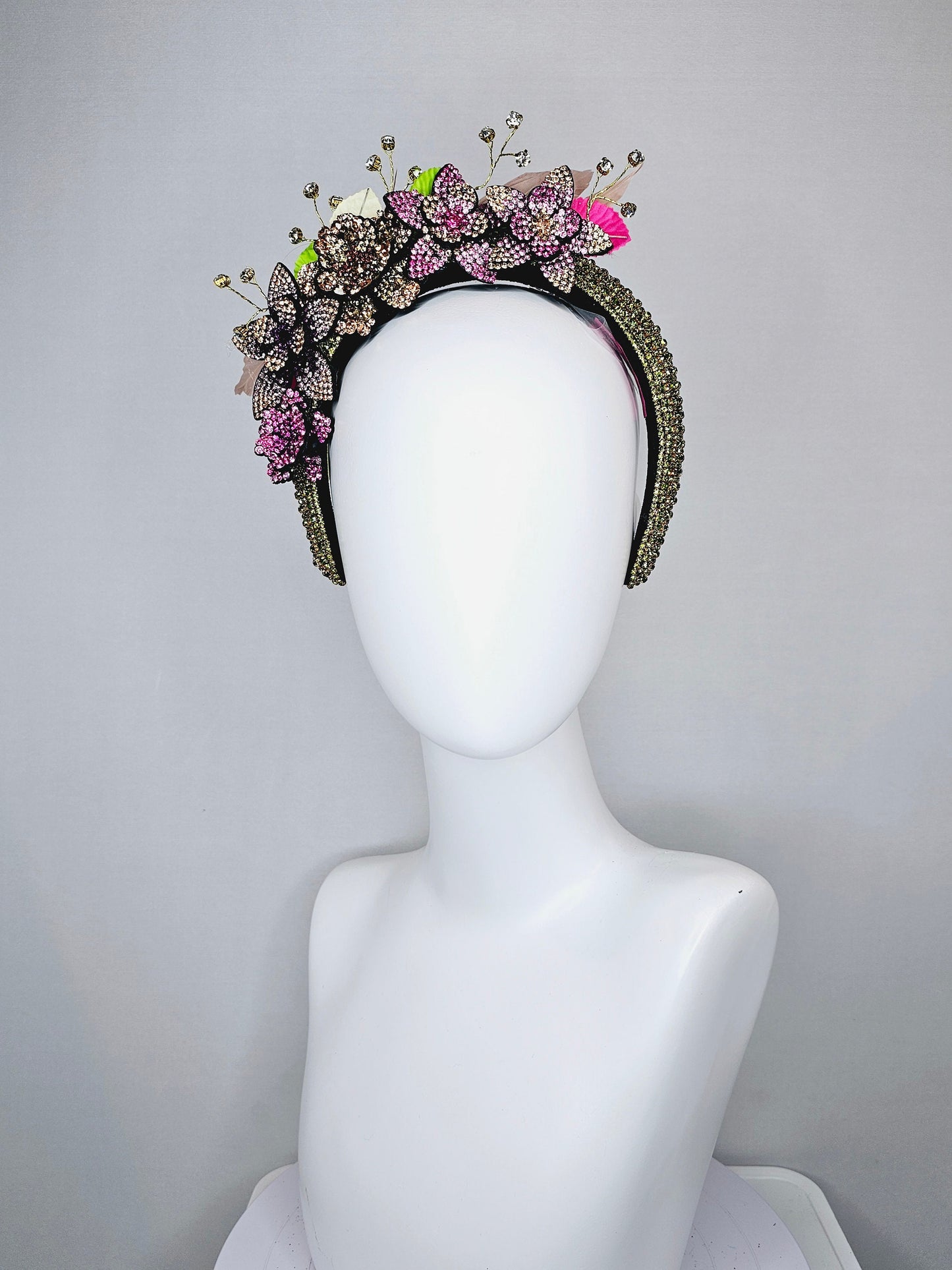 kentucky derby hat fascinator green rhinestone crystal headband with purple pink gold ombre crystal flowers green pink leaves and crystals