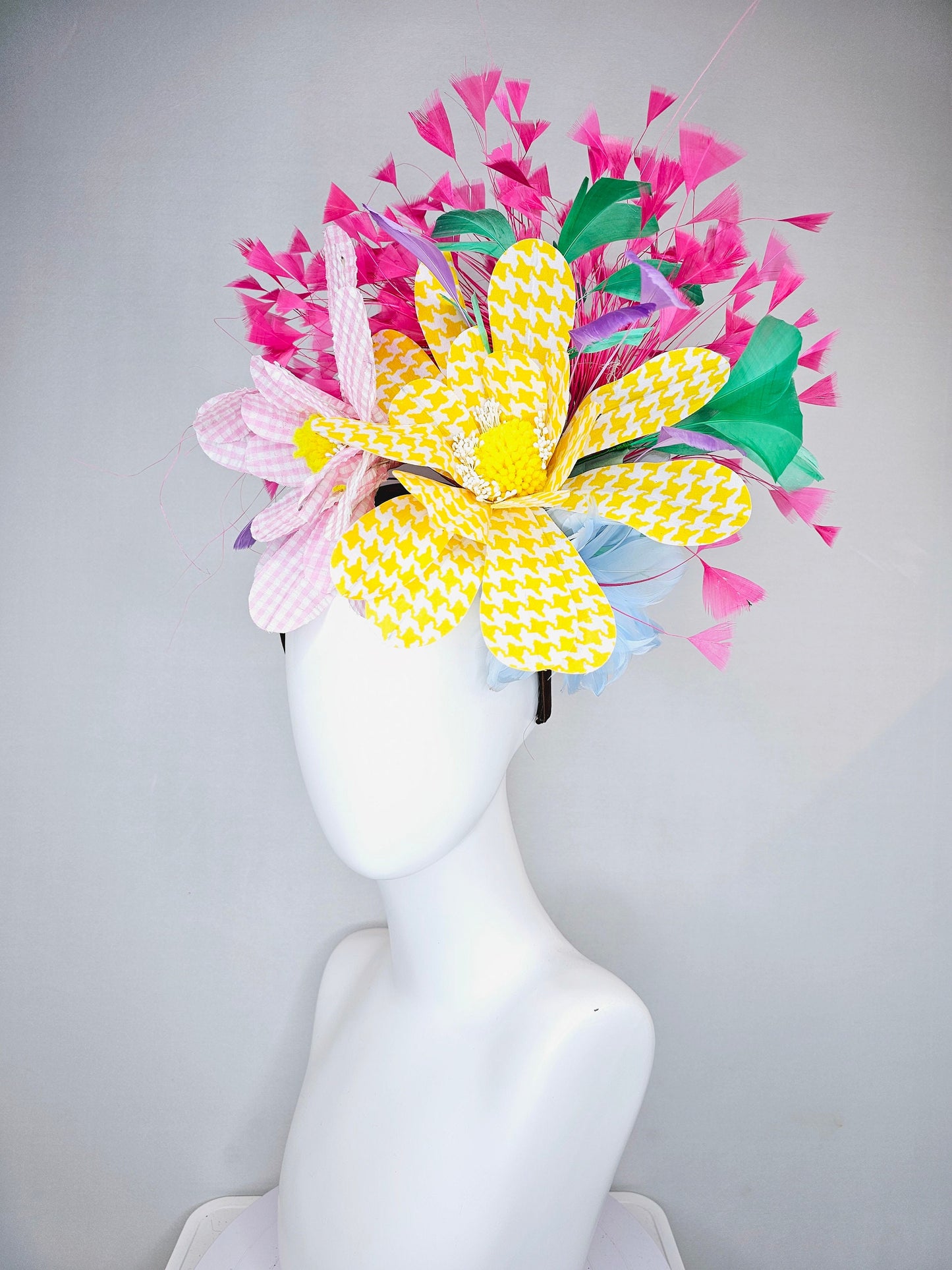 kentucky derby hat fascinator large pink yellow gingham flowers rainbow feathers blue pink purple  green