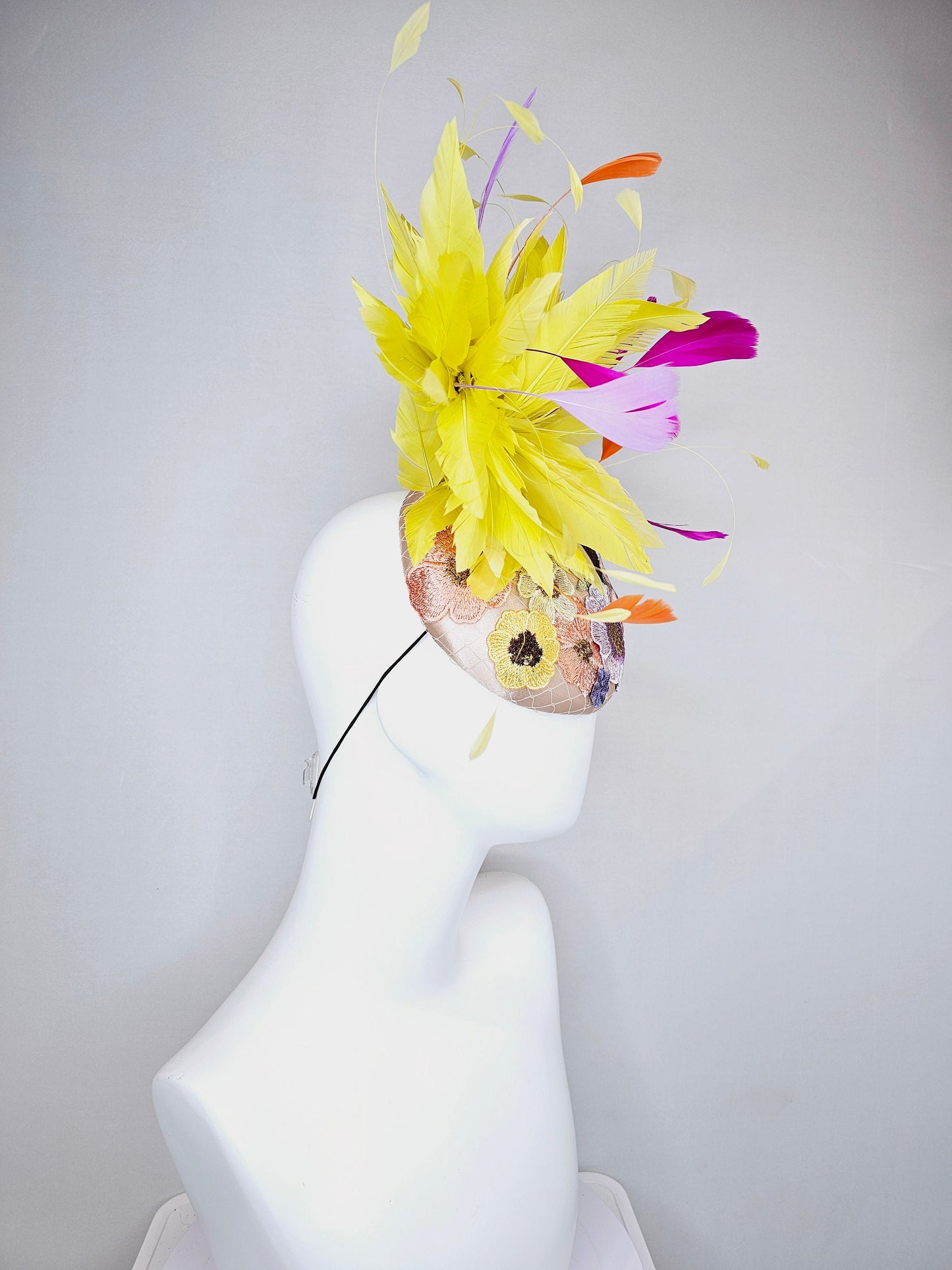 kentucky derby hat fascinator blush satin with embroidered colorful flowers with yellow feather pouf orange purple fuchsia pink feathers