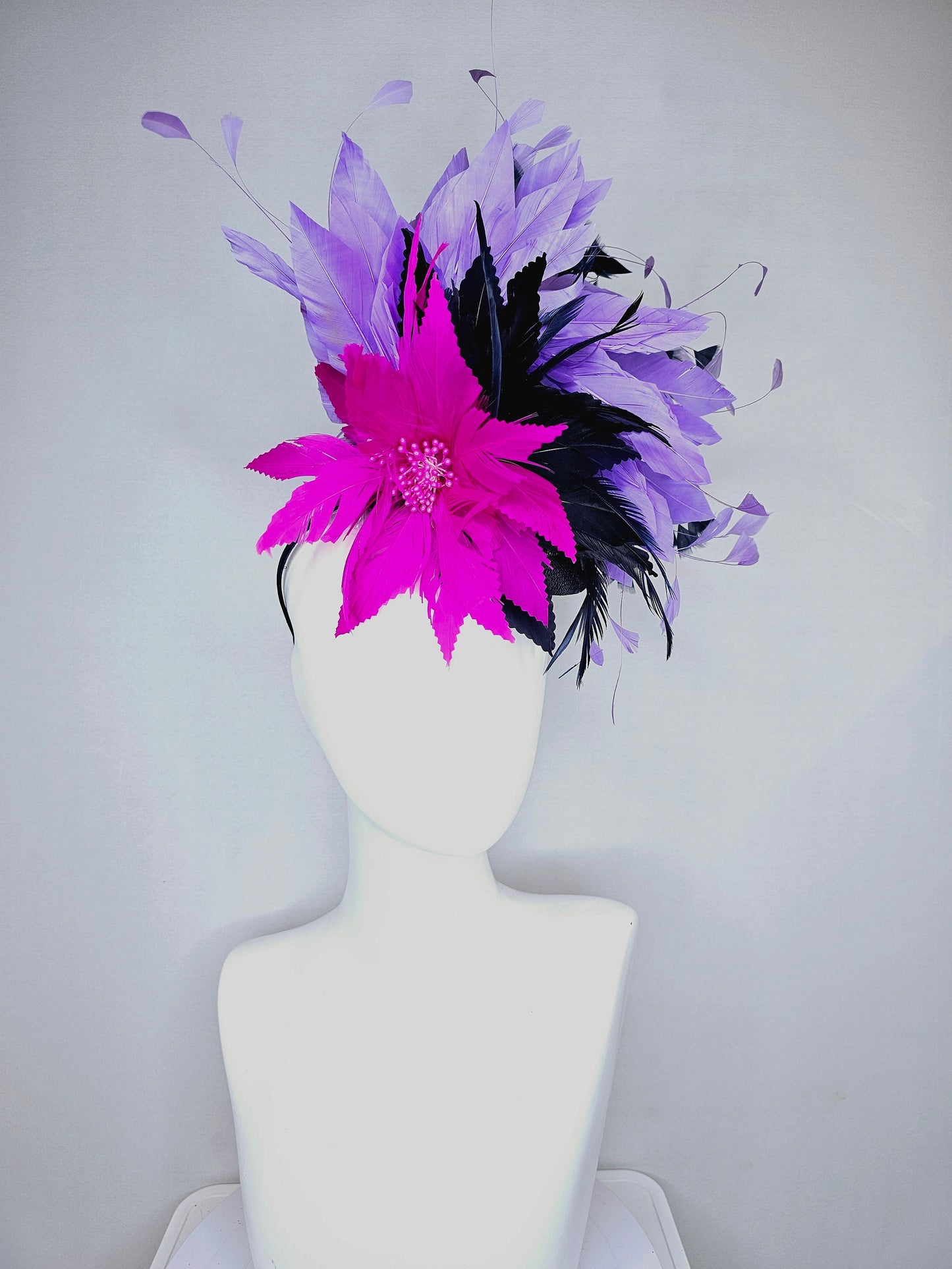 kentucky derby hat fascinator  navy sinamay with matchng navy feather flower and navy blue purple feathers hot pink fuchsia feather flower