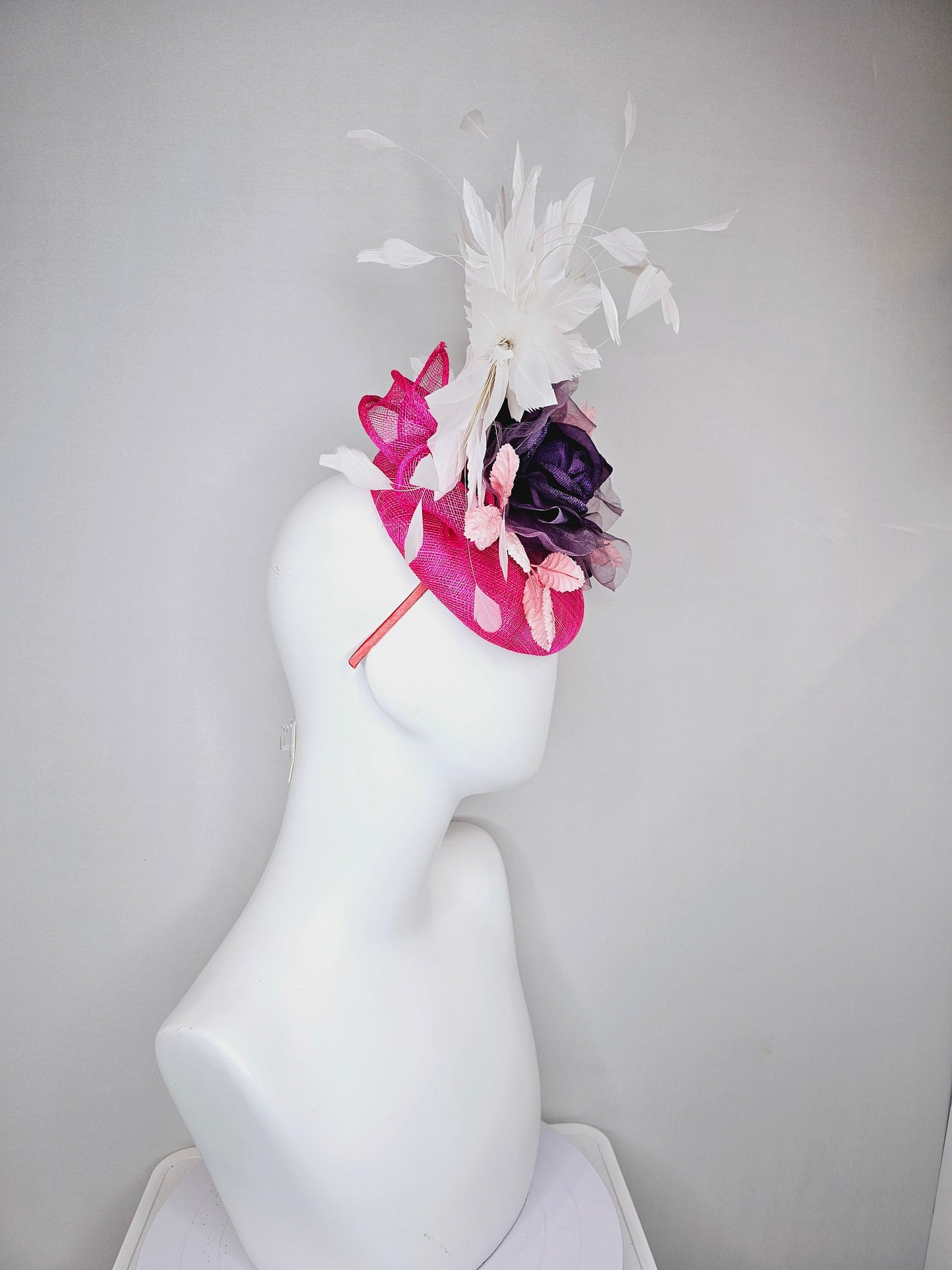 kentucky derby hat fascinator hot pink sinamay with purple organza rose flower blush pink leaves and white feathers