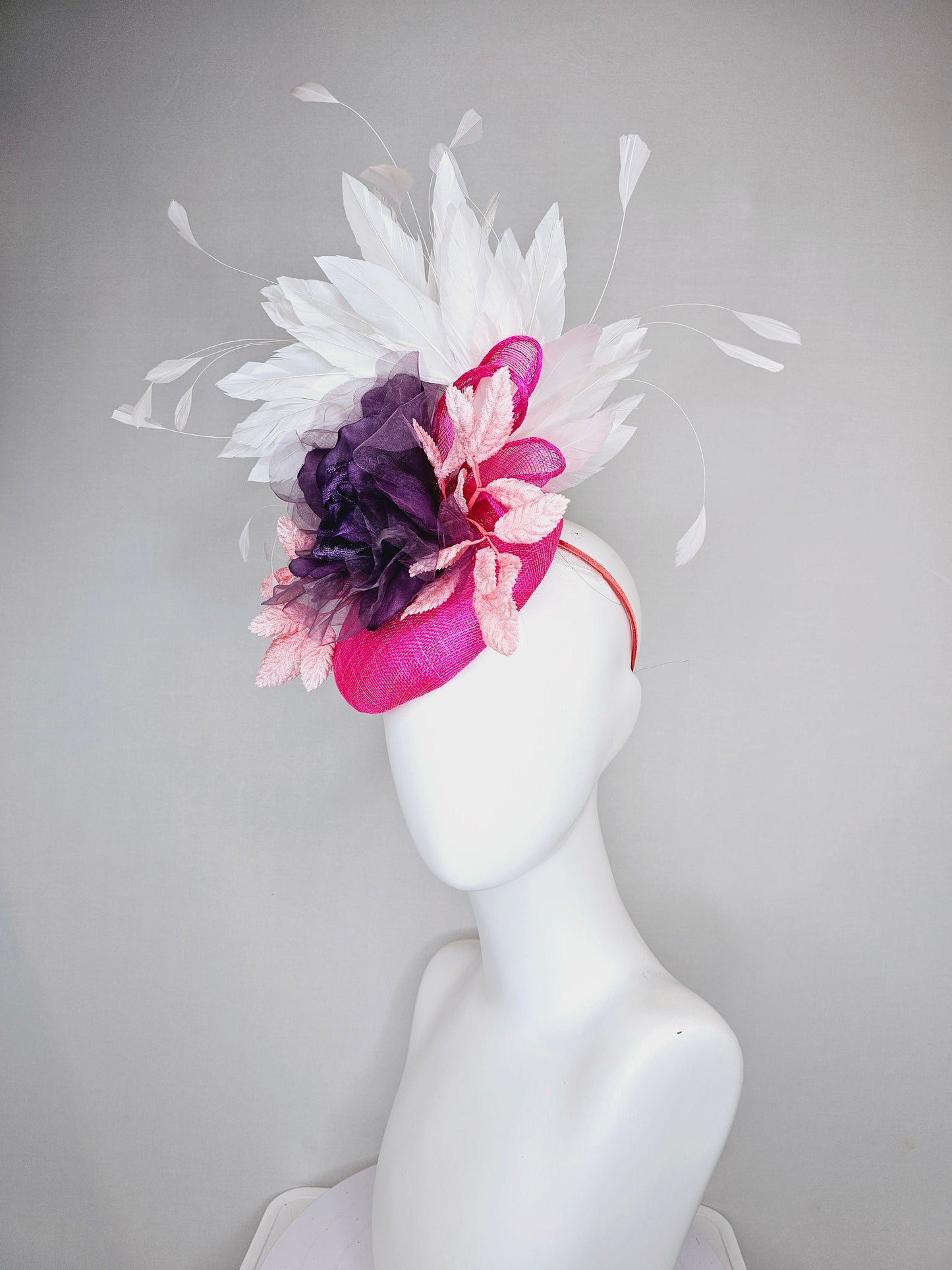 kentucky derby hat fascinator hot pink sinamay with purple organza rose flower blush pink leaves and white feathers