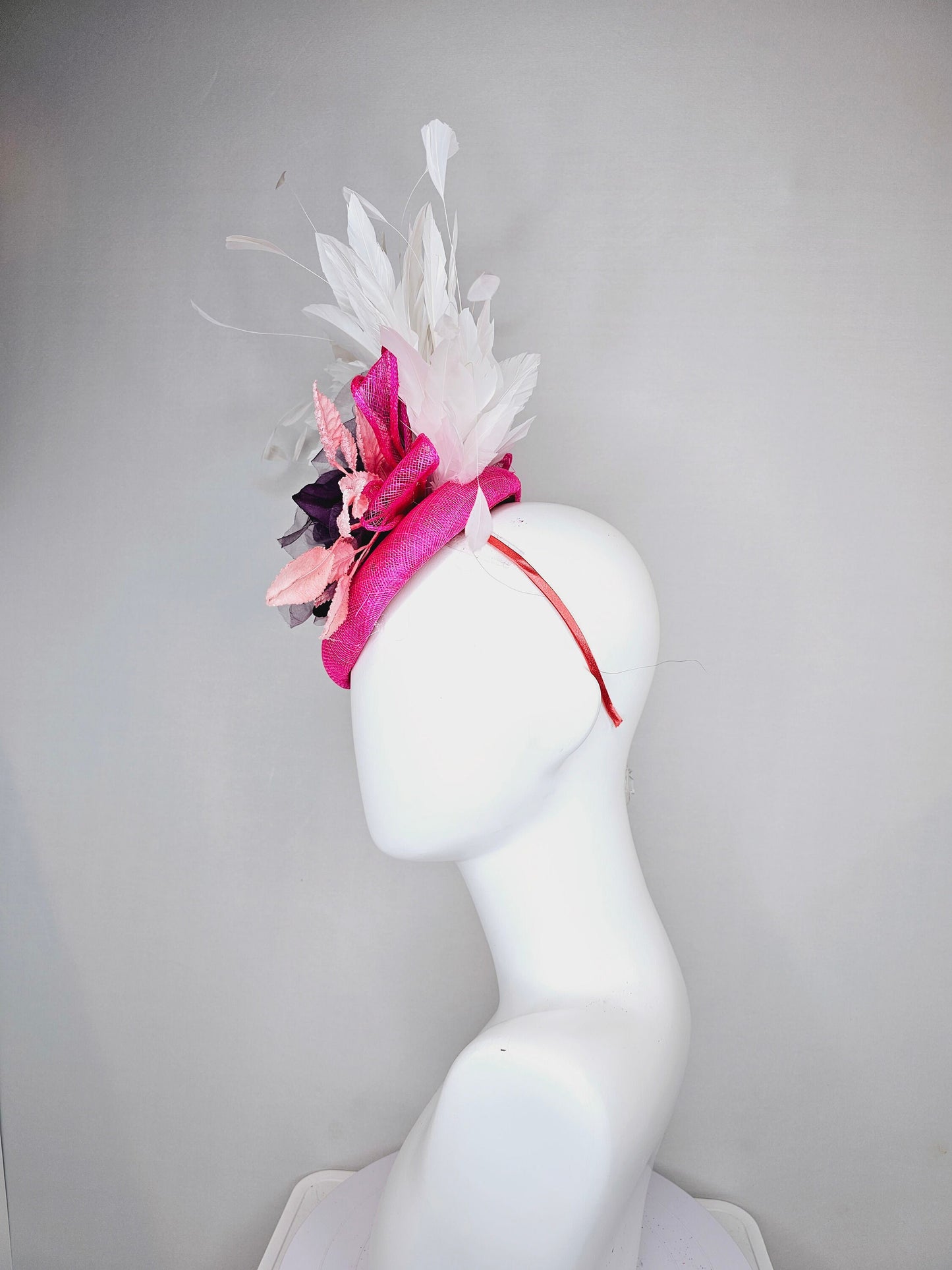 kentucky derby hat fascinator hot pink sinamay with purple organza rose flower blush pink leaves and white feathers