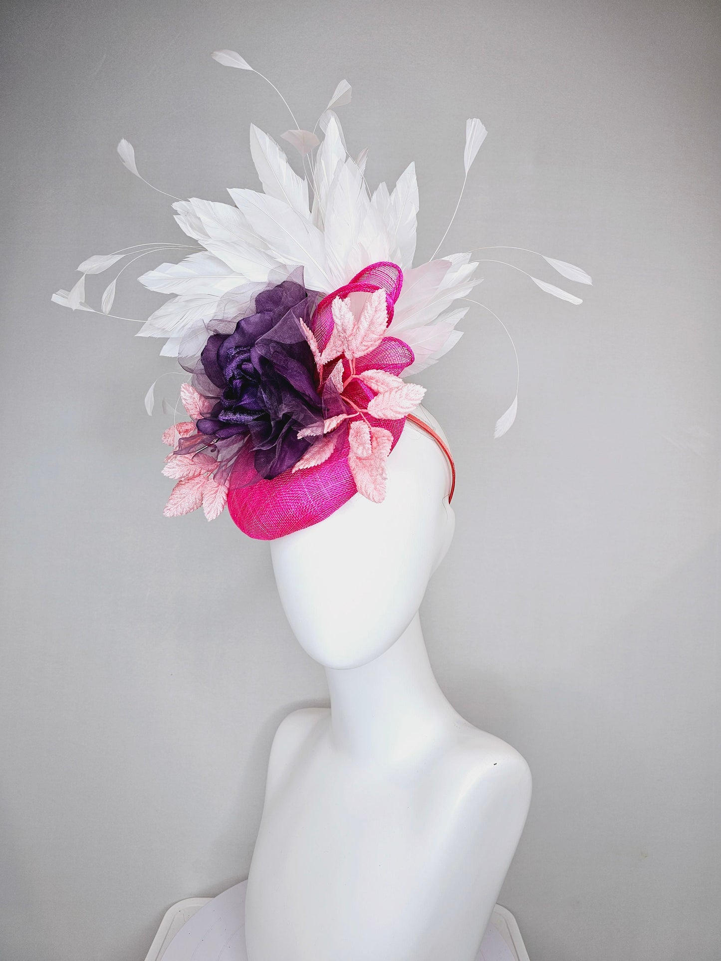 kentucky derby hat fascinator hot pink sinamay with purple organza rose flower blush pink leaves and white feathers