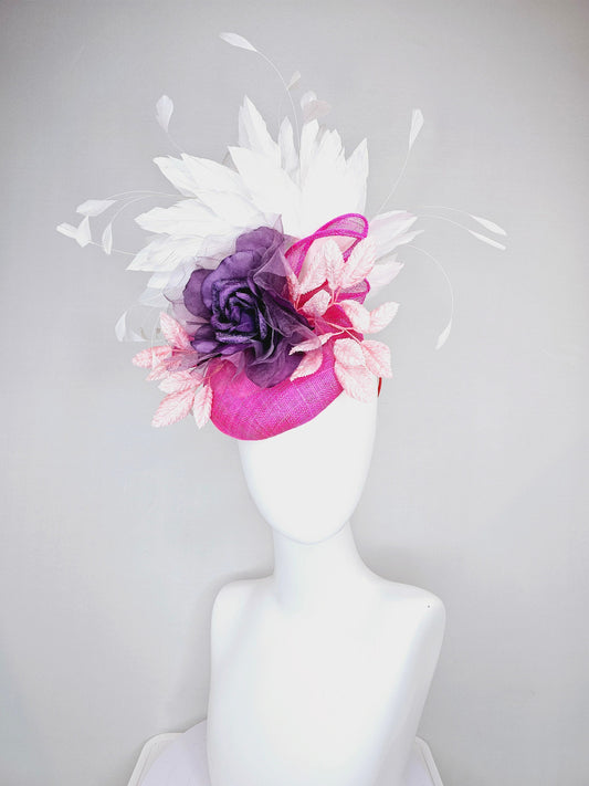 kentucky derby hat fascinator hot pink sinamay with purple organza rose flower blush pink leaves and white feathers