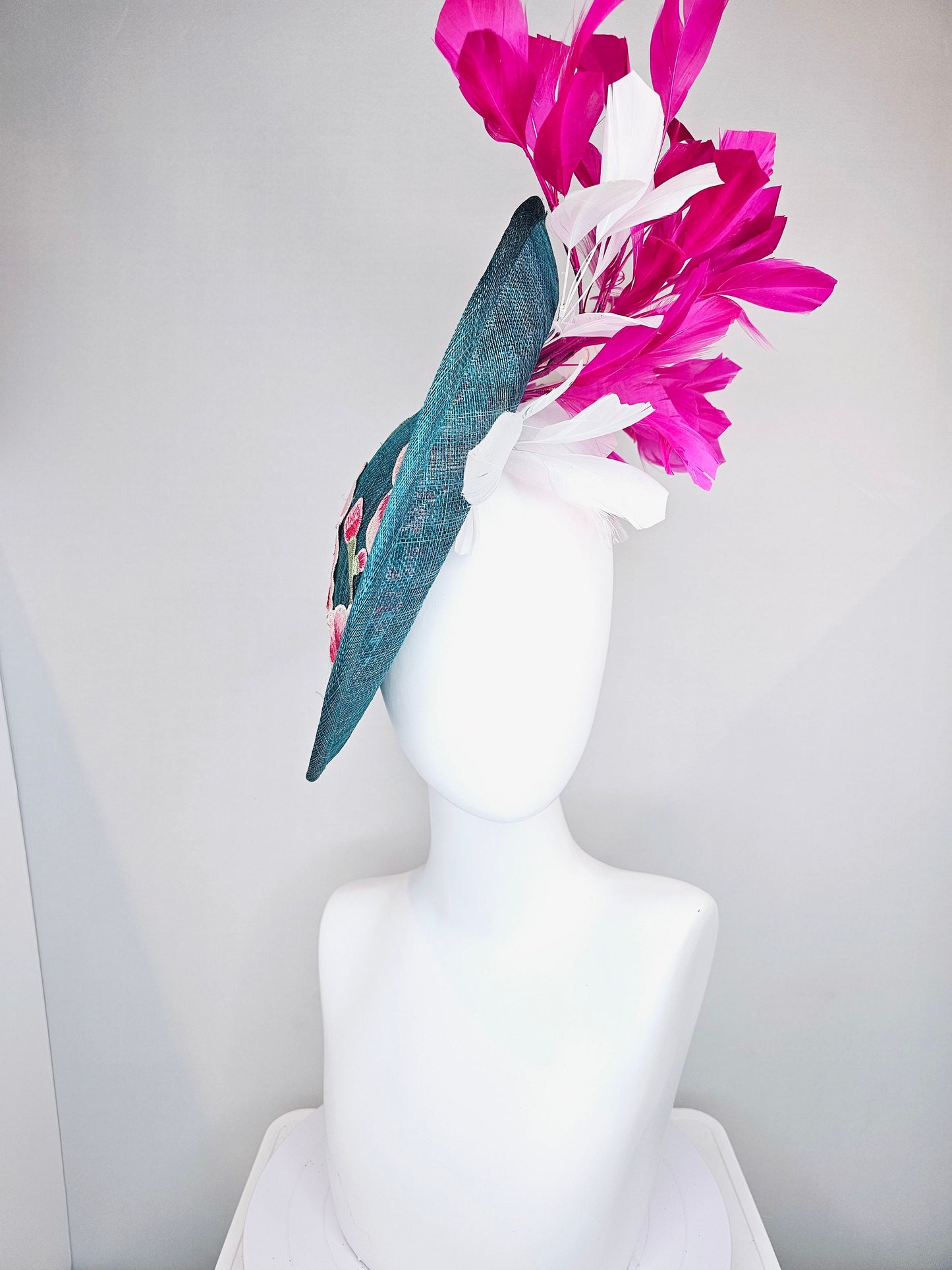 kentucky derby hat fascinator teal blue sinamay saucer with fuchsia pink and white feathers and pink white gold embroidered flowers