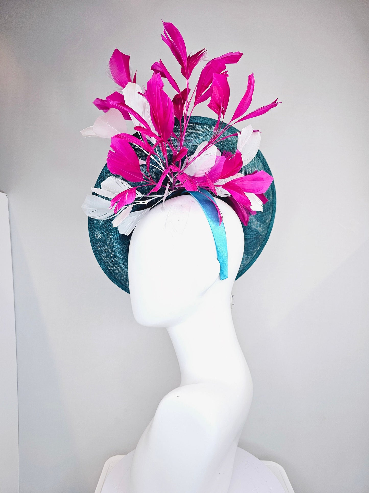 kentucky derby hat fascinator teal blue sinamay saucer with fuchsia pink and white feathers and pink white gold embroidered flowers