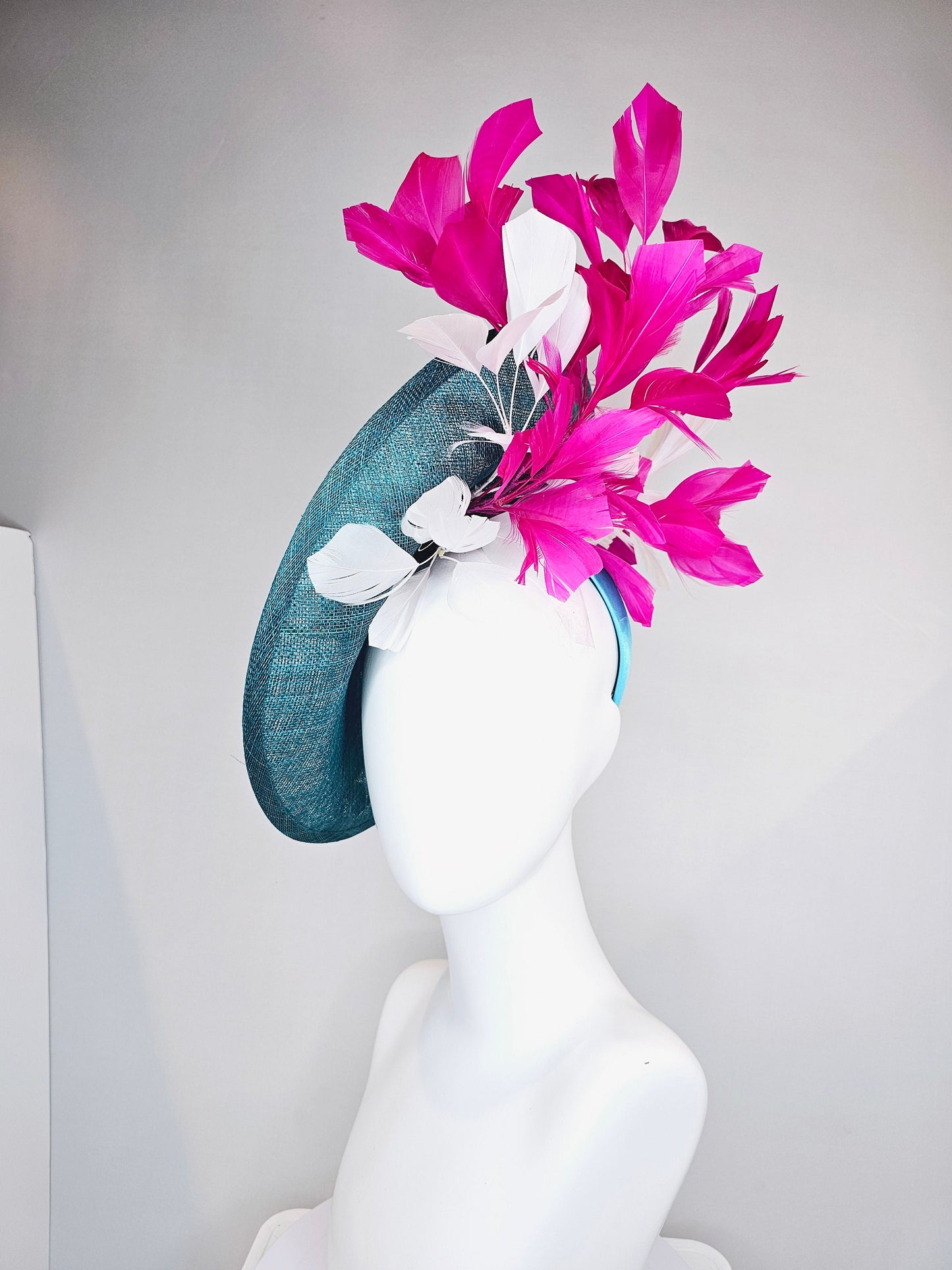 kentucky derby hat fascinator teal blue sinamay saucer with fuchsia pink and white feathers and pink white gold embroidered flowers