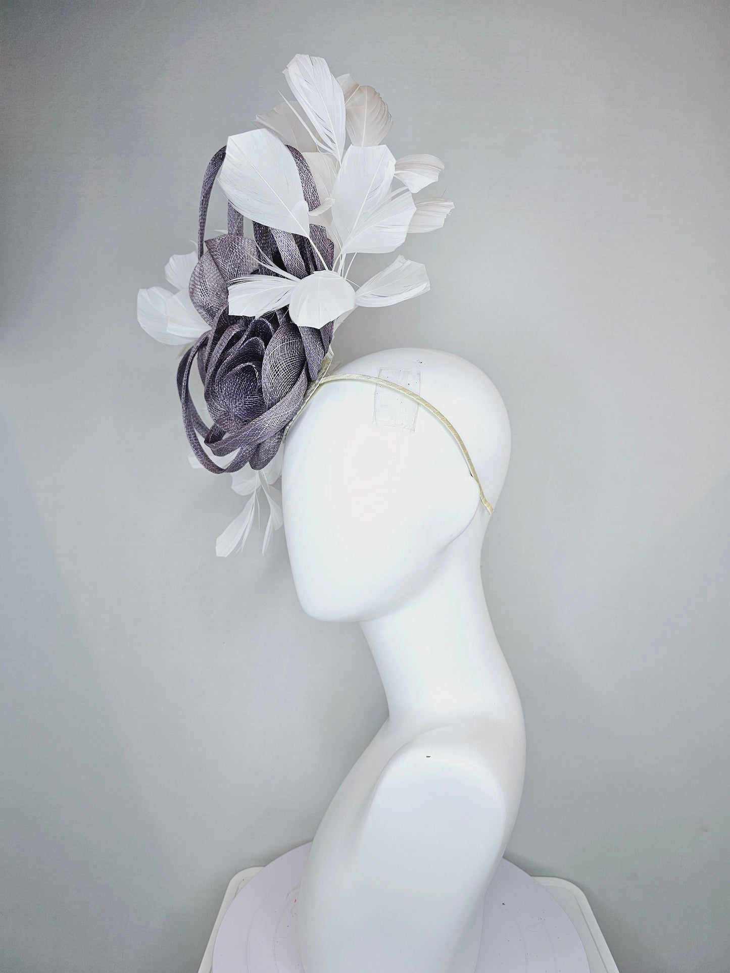 kentucky derby hat fascinator lavender gray silver  sinamay flower and loops with white feathers