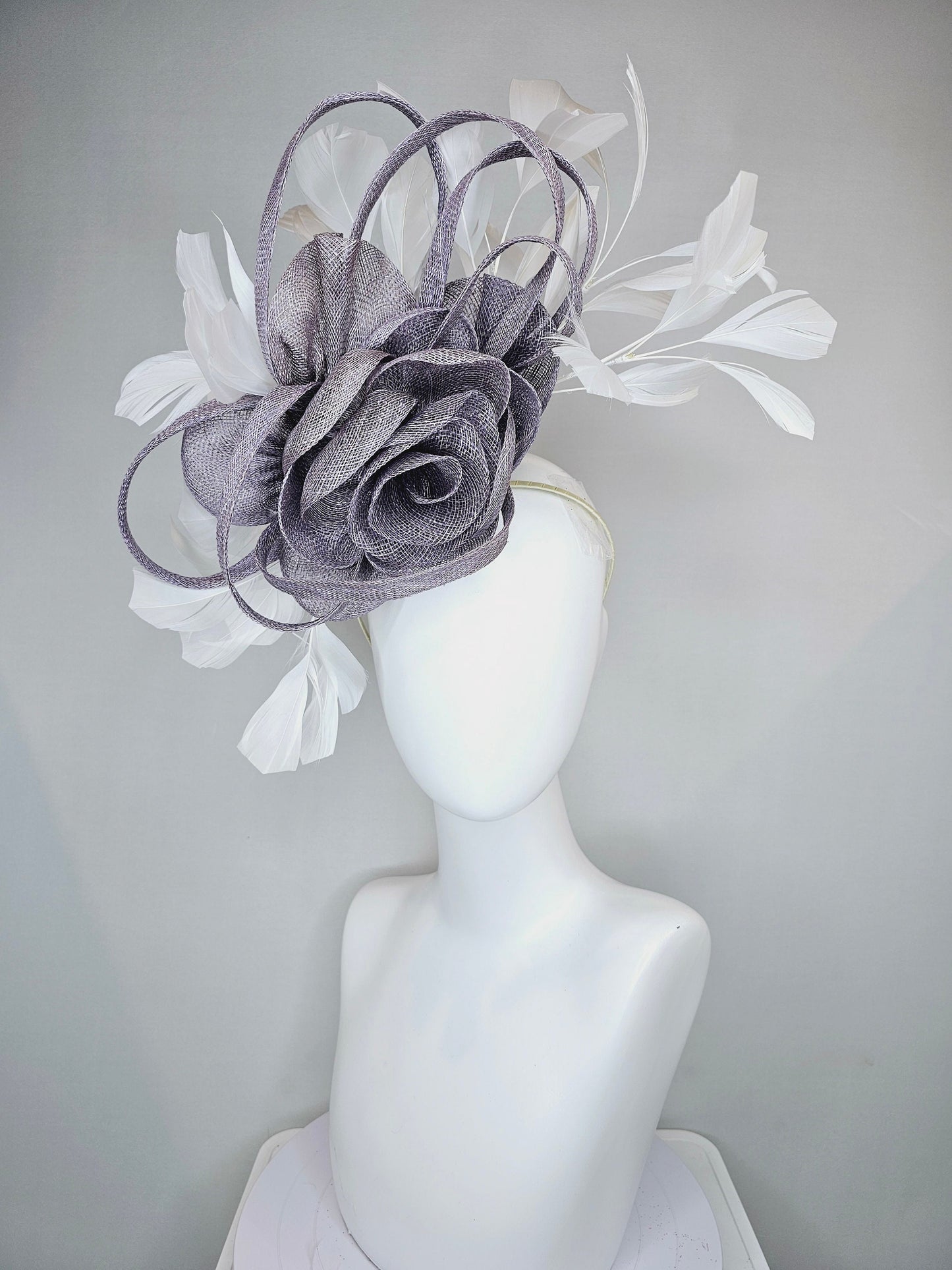 kentucky derby hat fascinator lavender gray silver  sinamay flower and loops with white feathers