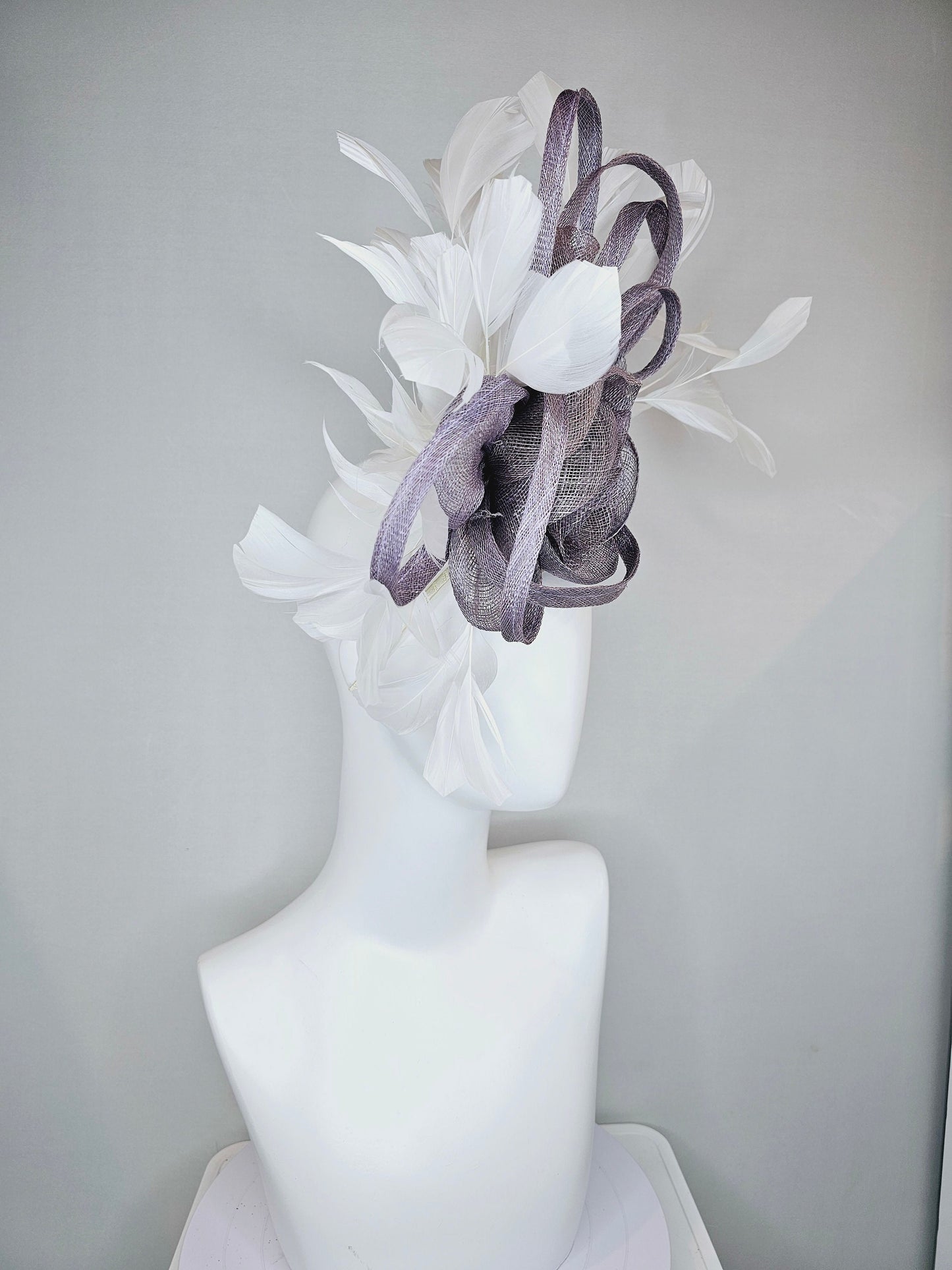 kentucky derby hat fascinator lavender gray silver  sinamay flower and loops with white feathers